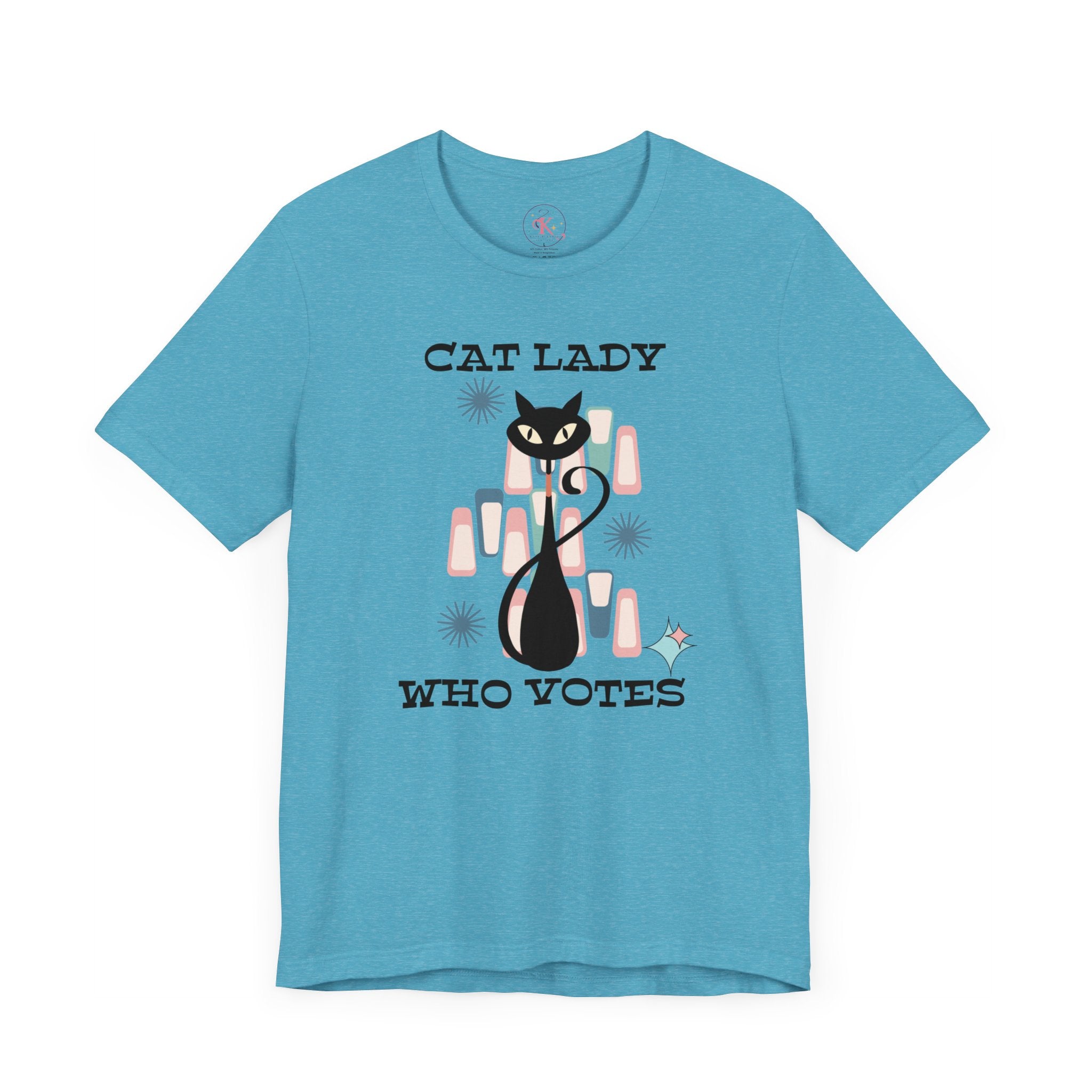 Kate McEnroe New York Cat Lady Who Votes T - Shirt, Retro Mid Century Modern Style, Atomic Cat Design, Women&