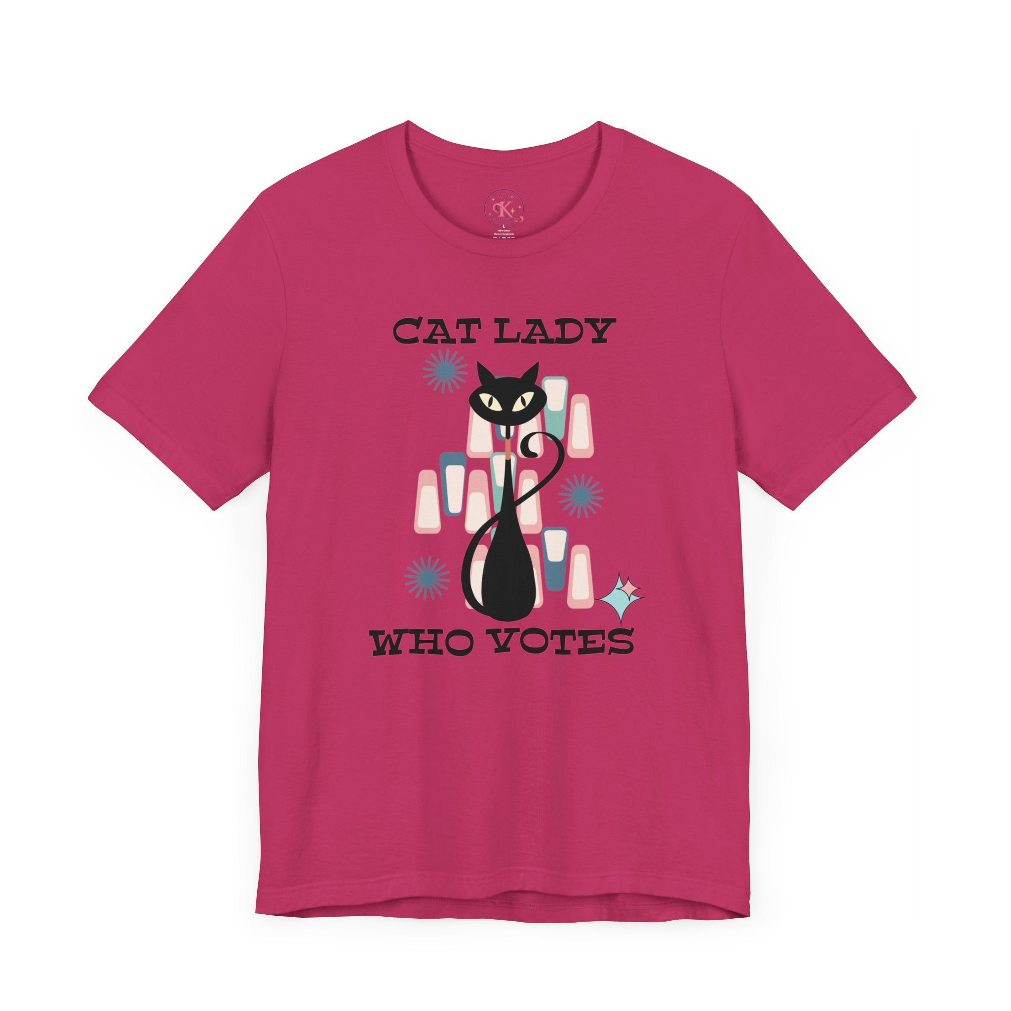 Kate McEnroe New York Cat Lady Who Votes T - Shirt, Retro Mid Century Modern Style, Atomic Cat Design, Women&