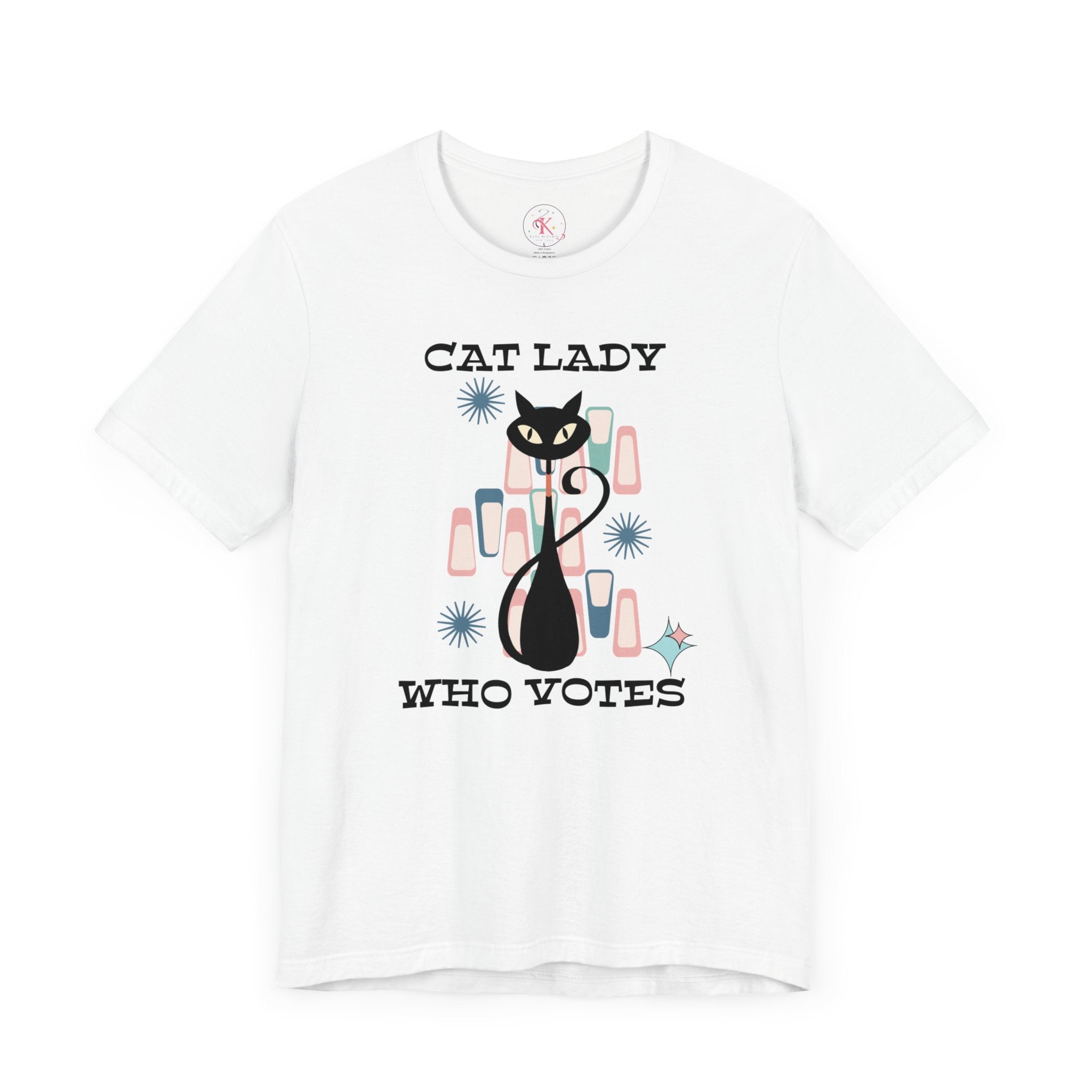 Kate McEnroe New York Cat Lady Who Votes T - Shirt, Retro Mid Century Modern Style, Atomic Cat Design, Women&