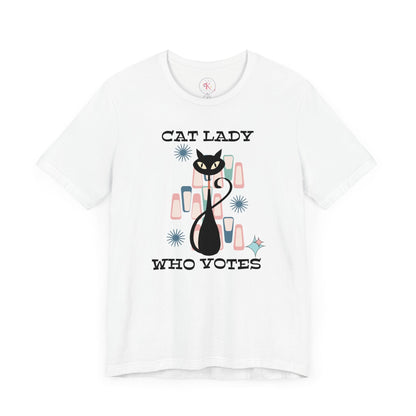 Kate McEnroe New York Cat Lady Who Votes T - Shirt, Retro Mid Century Modern Style, Atomic Cat Design, Women&