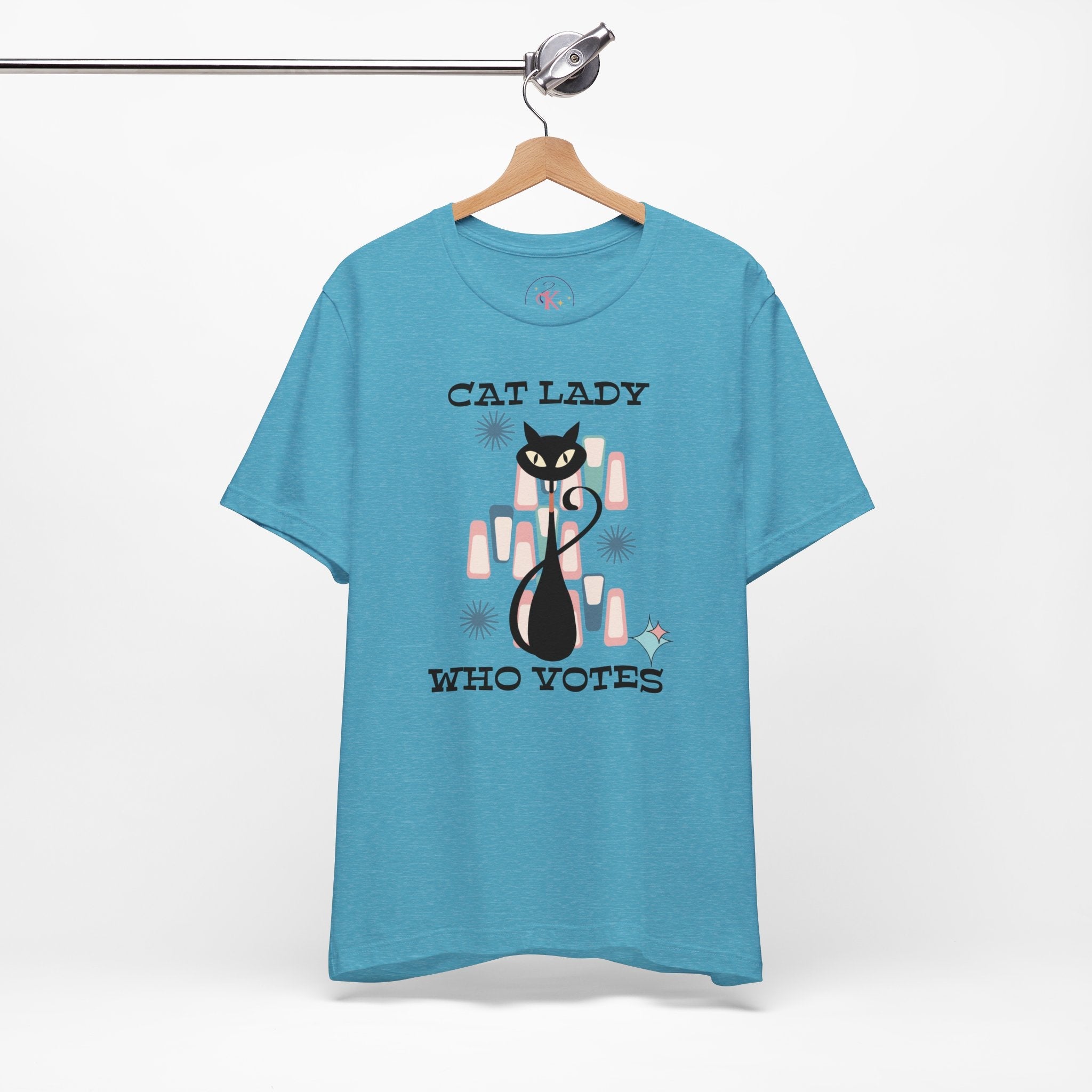 Kate McEnroe New York Cat Lady Who Votes T - Shirt, Retro Mid Century Modern Style, Atomic Cat Design, Women&