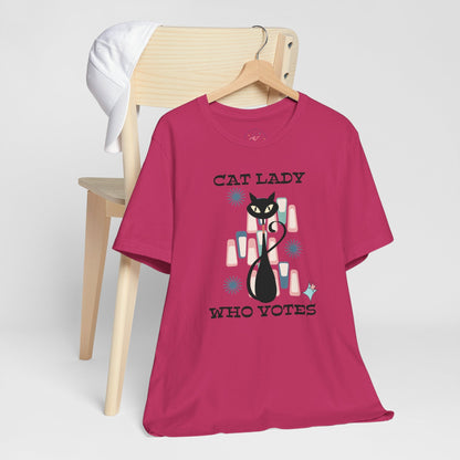 Kate McEnroe New York Cat Lady Who Votes T - Shirt, Retro Mid Century Modern Style, Atomic Cat Design, Women&