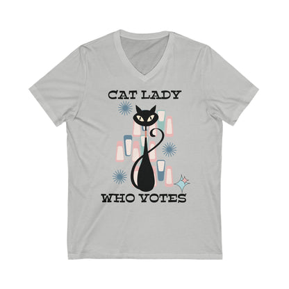 Kate McEnroe New York Cat Lady Who Votes V - Neck T - Shirt, Retro Mid Century Modern Style, Atomic Cat Design, Women&