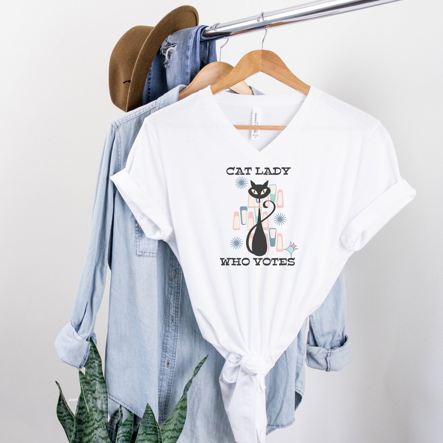 Kate McEnroe New York Cat Lady Who Votes V - Neck T - Shirt, Retro Mid Century Modern Style, Atomic Cat Design, Women&