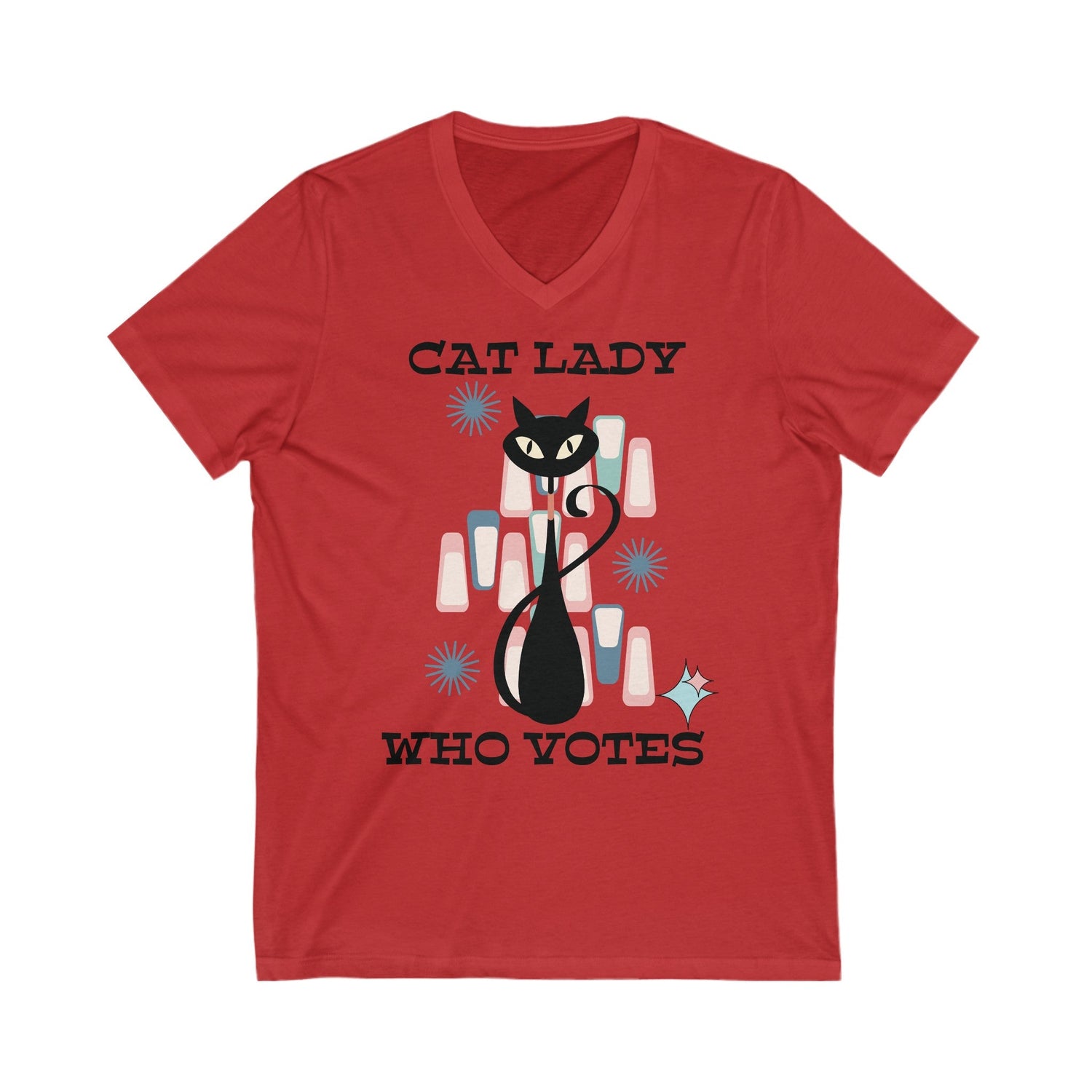 Kate McEnroe New York Cat Lady Who Votes V - Neck T - Shirt, Retro Mid Century Modern Style, Atomic Cat Design, Women&