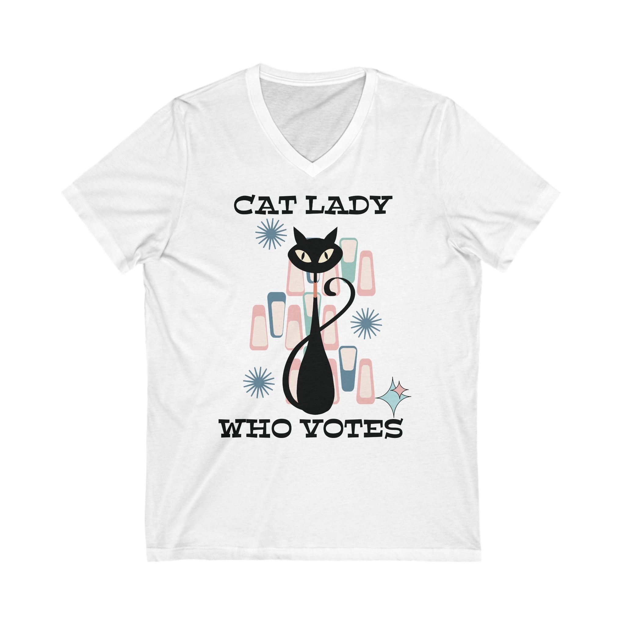 Kate McEnroe New York Cat Lady Who Votes V - Neck T - Shirt, Retro Mid Century Modern Style, Atomic Cat Design, Women&