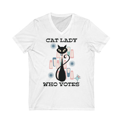 Kate McEnroe New York Cat Lady Who Votes V - Neck T - Shirt, Retro Mid Century Modern Style, Atomic Cat Design, Women&