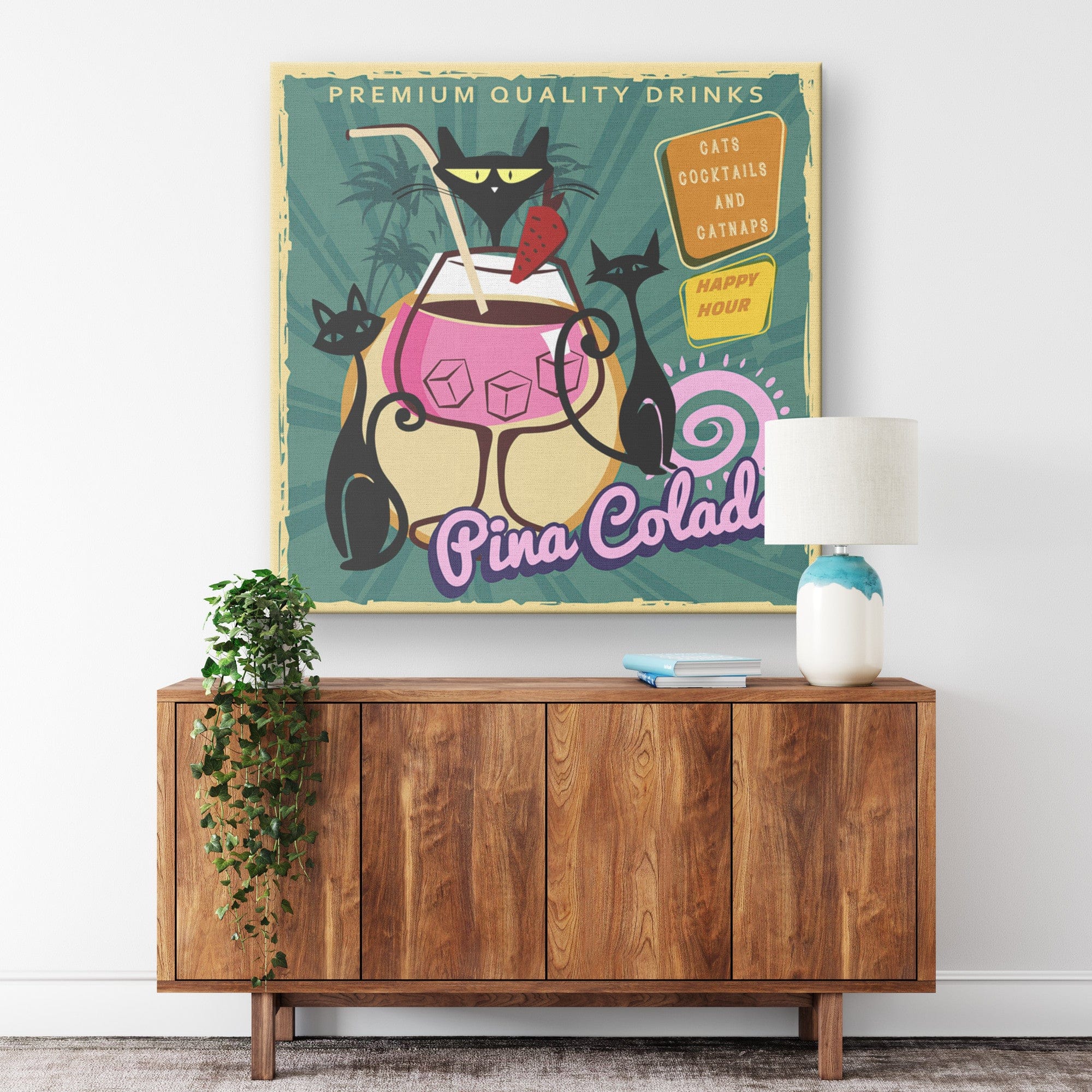 Kate McEnroe New York Cats, Cocktails and Catnaps 1950s Canvas Wall Art, Atomic Cat Mid Century Diner Print Canvas Wall Art