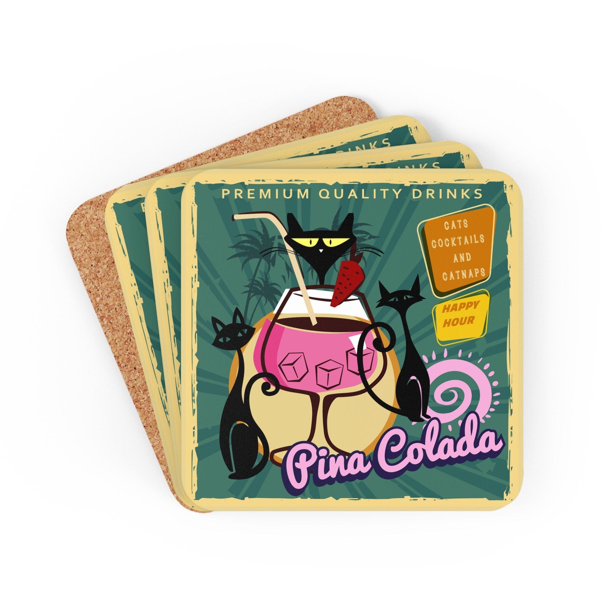 Kate McEnroe New York Cats, Cocktails &amp; Catnaps 1950s Cork Coaster Set, Midcentury Diner Atomic Cat Print, Set of 4 - KM13759823Coasters27195992316971150189
