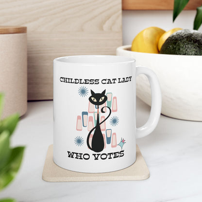 Kate McEnroe New York Childless Cat Lady Who Votes Mug, Retro Atomic Kitschy Cat DesignMugs19291614297166371713