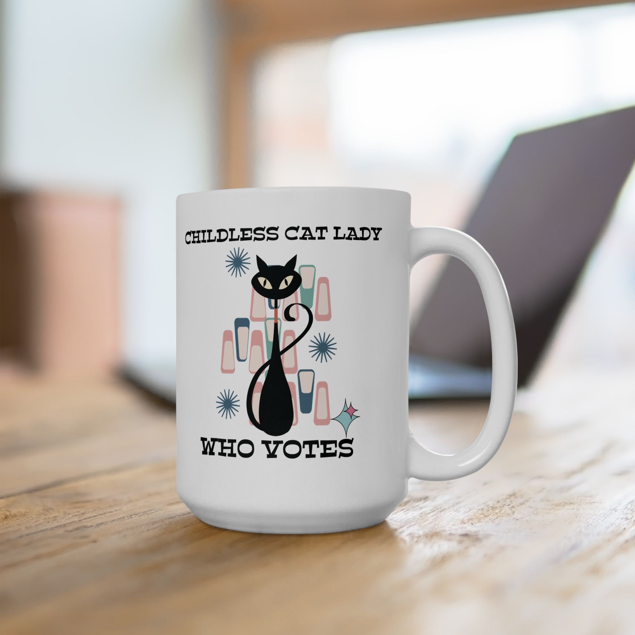 Kate McEnroe New York Childless Cat Lady Who Votes Mug, Retro Atomic Kitschy Cat DesignMugs19681002839674133459