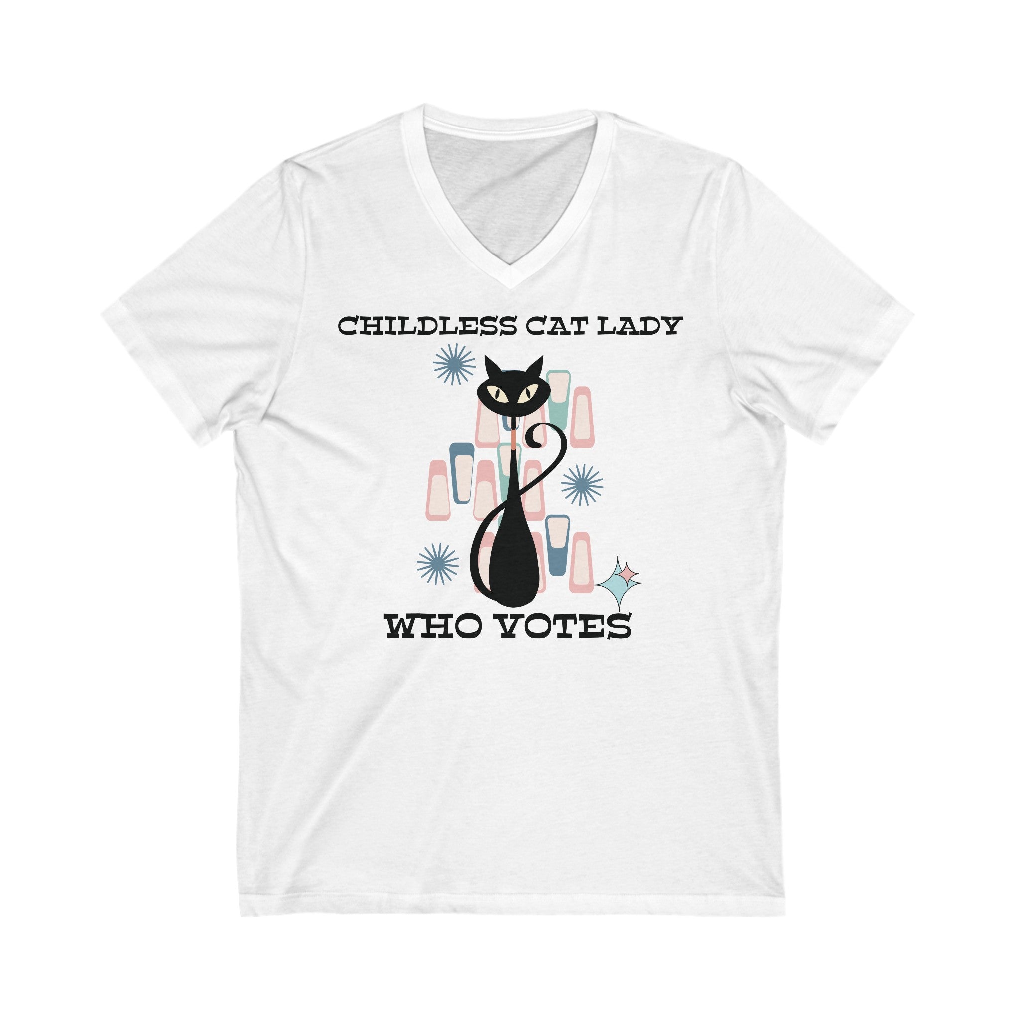 Kate McEnroe New York Childless Cat Lady Who Votes V - Neck T - Shirt, Retro Atomic Kitschy Cat TeeT - Shirts21279343850276636681