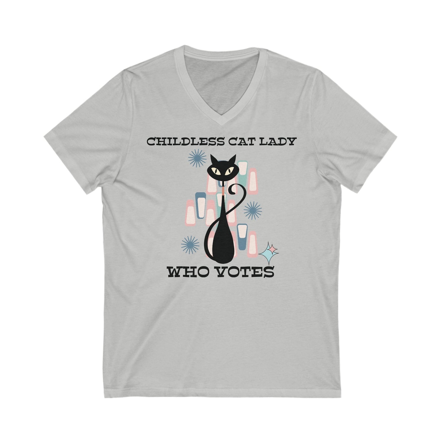 Kate McEnroe New York Childless Cat Lady Who Votes V - Neck T - Shirt, Retro Atomic Kitschy Cat TeeT - Shirts82857814255739112684