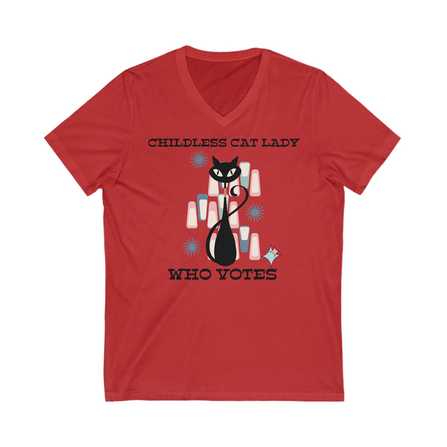 Kate McEnroe New York Childless Cat Lady Who Votes V - Neck T - Shirt, Retro Atomic Kitschy Cat TeeT - Shirts95823361451803275708