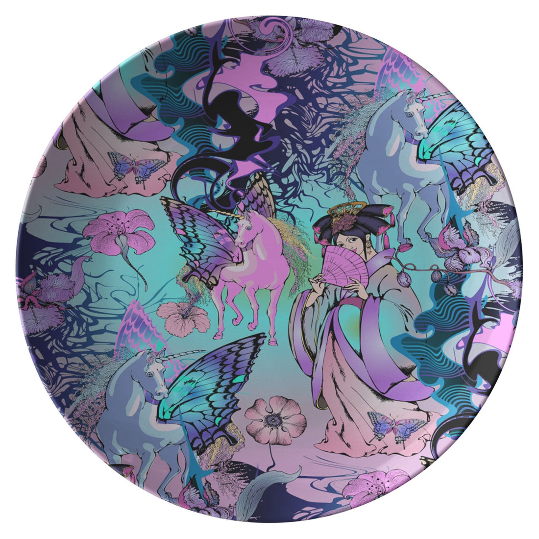 Kate McEnroe New York Chinese Folklore Art Floral Dinner Plates, Unicorns Fairies and Geishas Plates