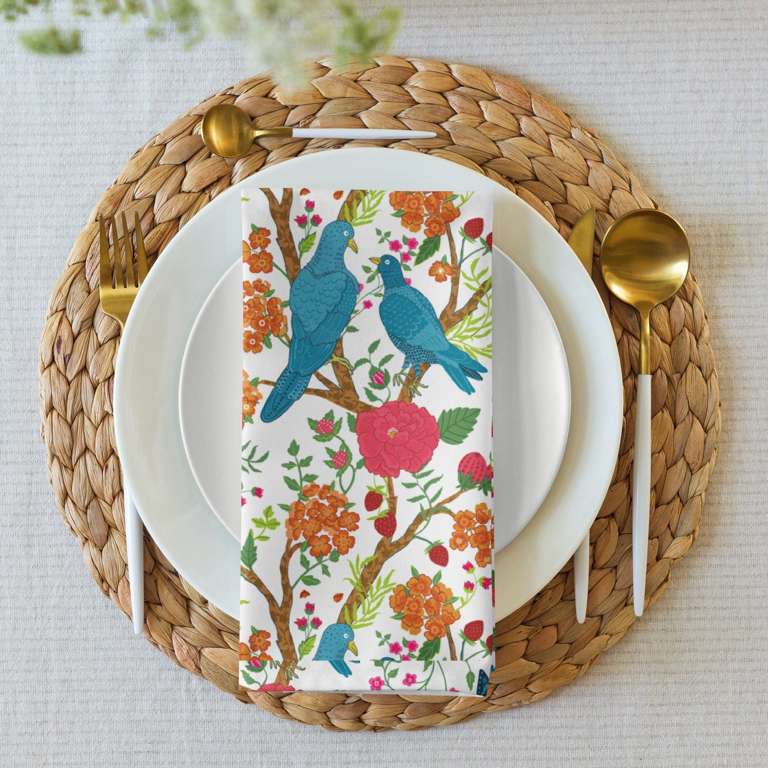 Kate McEnroe New York Chinoiserie Bird Floral Cloth Napkins, Set of 4, Vibrant Table Linens, Retro Garden Dining Decor Napkins 4-piece set / White / 19&quot; × 19&quot; 22368271897825087136