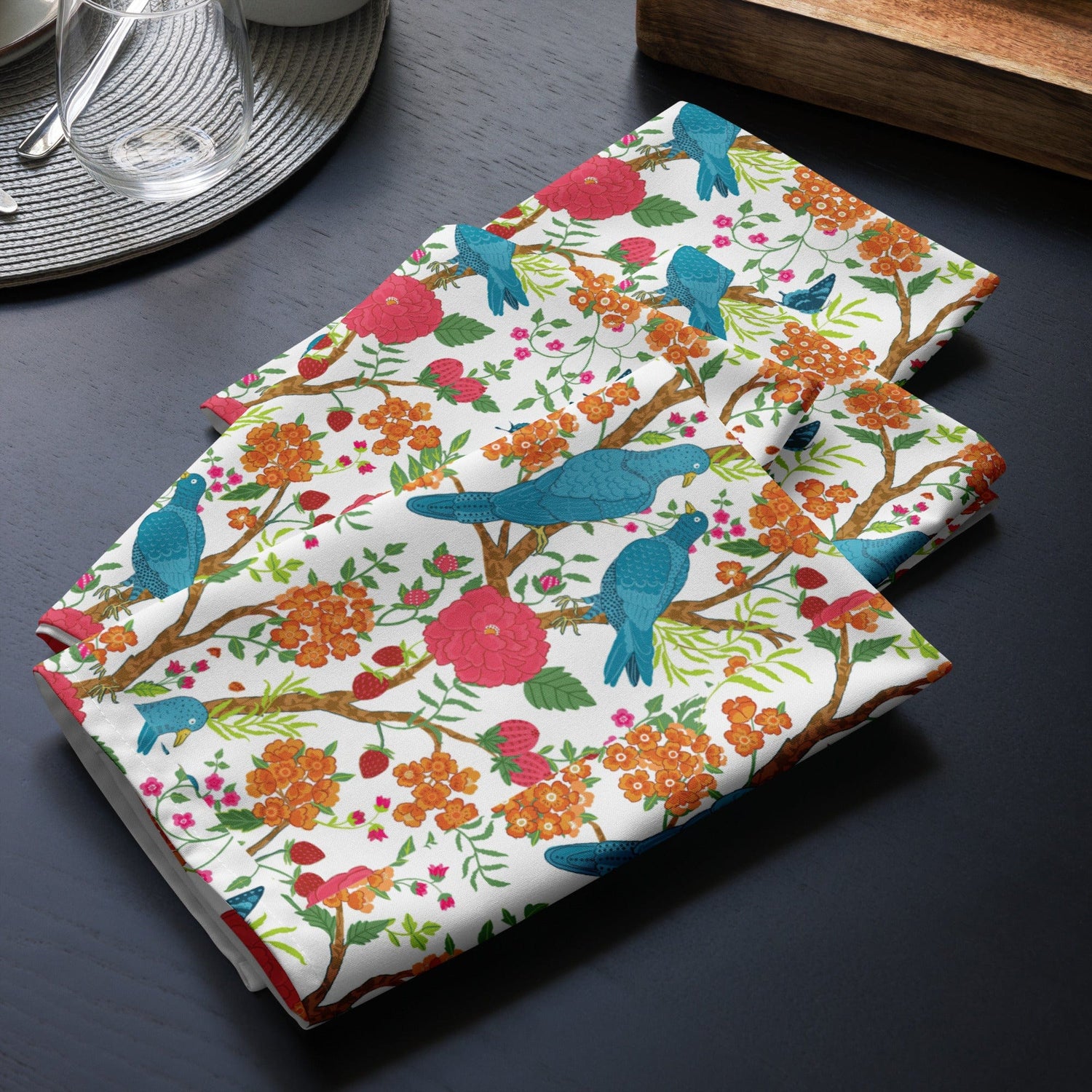 Kate McEnroe New York Chinoiserie Bird Floral Cloth Napkins, Set of 4, Vibrant Table Linens, Retro Garden Dining Decor Napkins 4-piece set / White / 19&quot; × 19&quot; 22368271897825087136