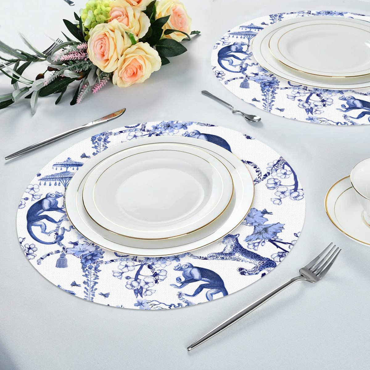 Kate McEnroe New York Chinoiserie Blue and White Botanical Toile Linen Placemats, Round Floral Jungle Monkeys Table LinensPlacematsH5KRTB - ZSUQM7 - L4IOAT