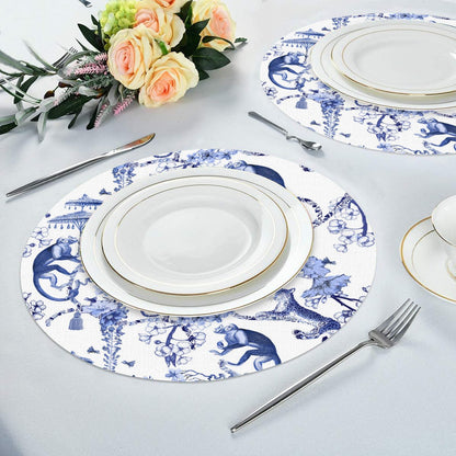 Kate McEnroe New York Chinoiserie Blue and White Botanical Toile Linen Placemats, Round Floral Jungle Monkeys Table LinensPlacematsH5KRTB - ZSUQM7 - L4IOAT