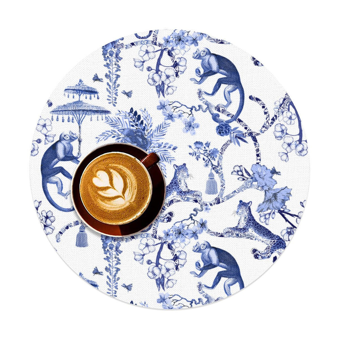 Kate McEnroe New York Chinoiserie Blue and White Botanical Toile Linen Placemats, Round Floral Jungle Monkeys Table LinensPlacematsH5KRTB - ZSUQM7 - L4IOAT