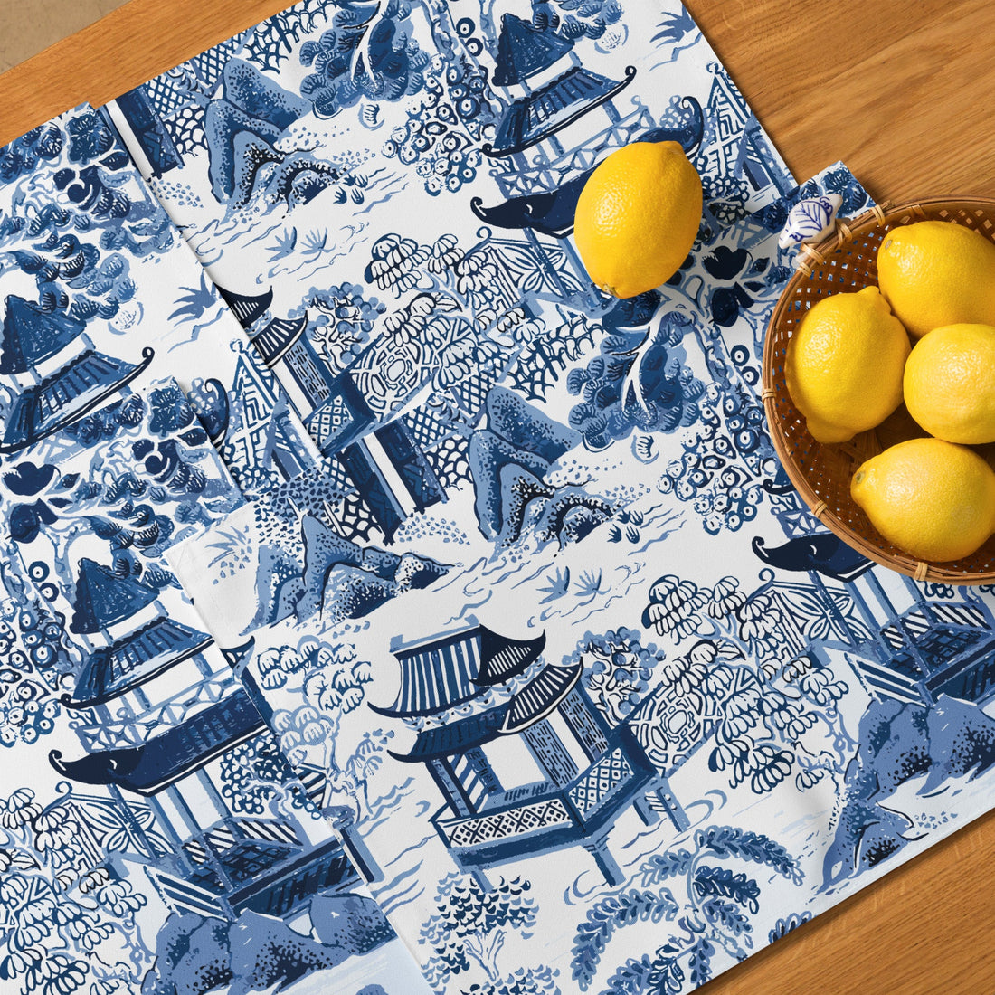 Kate McEnroe New York Chinoiserie Blue and White Placemats Set of 4, Traditional Asian Pagodas and Cherry Blossoms Porcelain Design Table Mats Placemats 8697237_17484