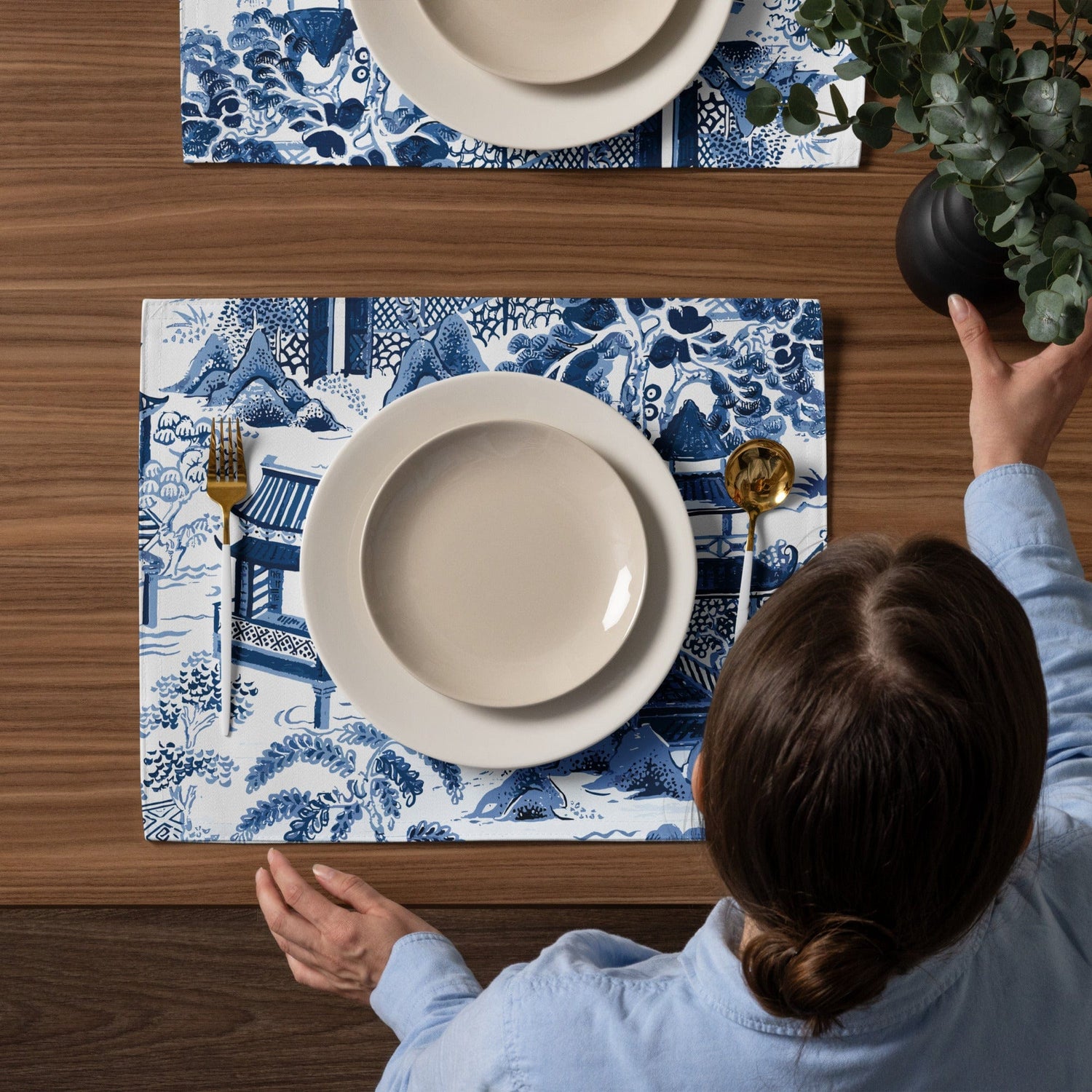 Kate McEnroe New York Chinoiserie Blue and White Placemats Set of 4, Traditional Asian Pagodas and Cherry Blossoms Porcelain Design Table Mats Placemats 8697237_17484