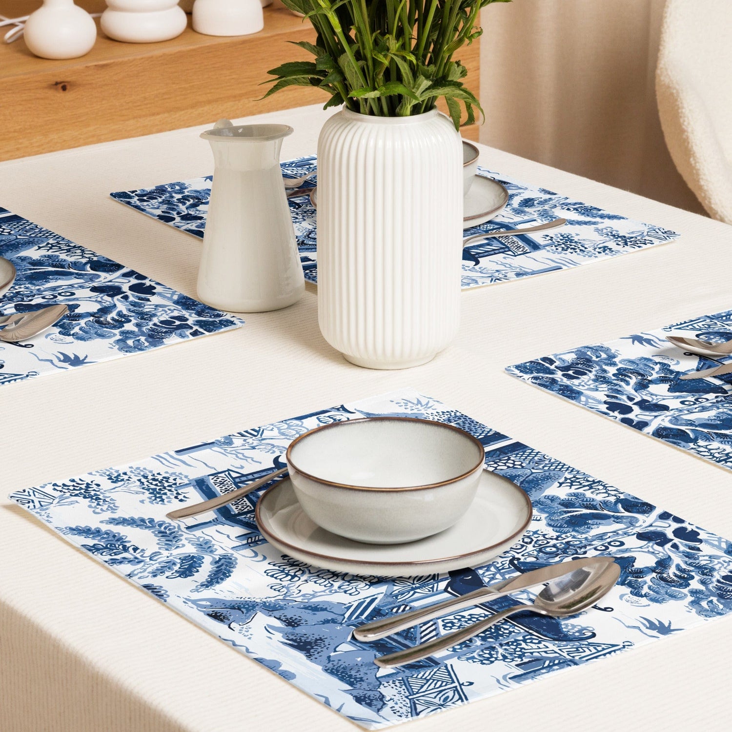 Kate McEnroe New York Chinoiserie Blue and White Placemats Set of 4, Traditional Asian Pagodas and Cherry Blossoms Porcelain Design Table MatsPlacemats8697237_17484