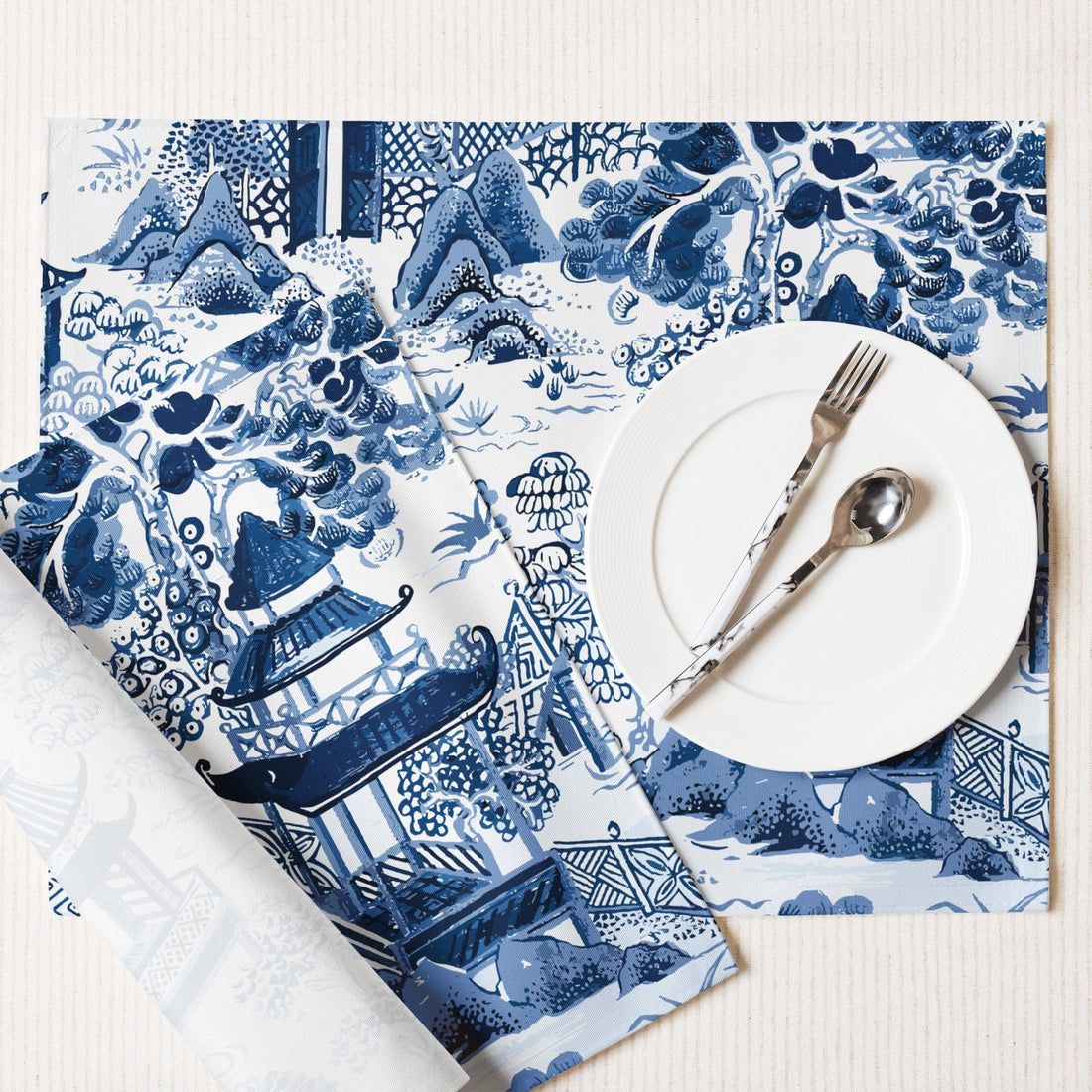 Kate McEnroe New York Chinoiserie Blue and White Placemats Set of 4, Traditional Asian Pagodas and Cherry Blossoms Porcelain Design Table MatsPlacemats8697237_17484