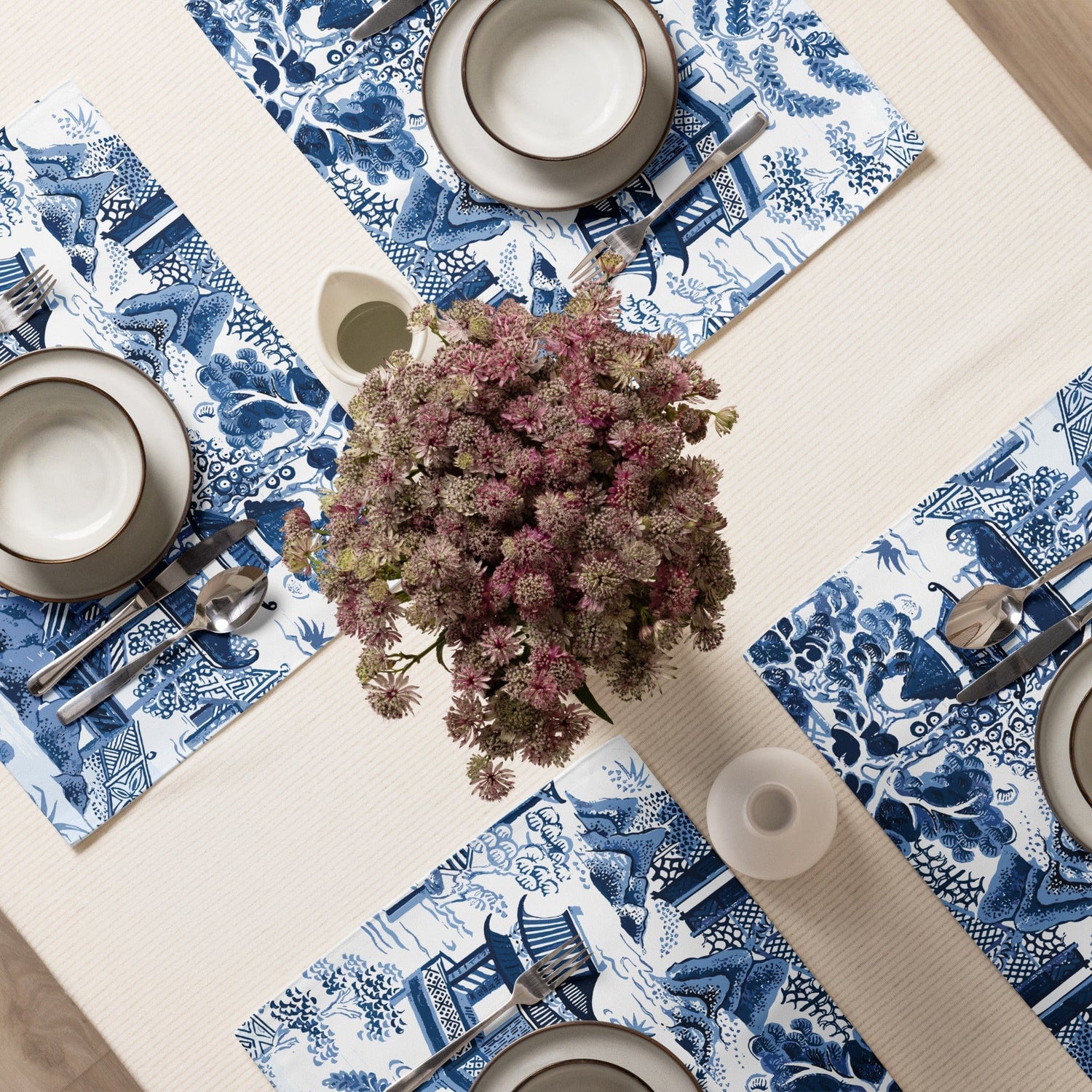 Kate McEnroe New York Chinoiserie Blue and White Placemats Set of 4, Traditional Asian Pagodas and Cherry Blossoms Porcelain Design Table MatsPlacemats8697237_17484