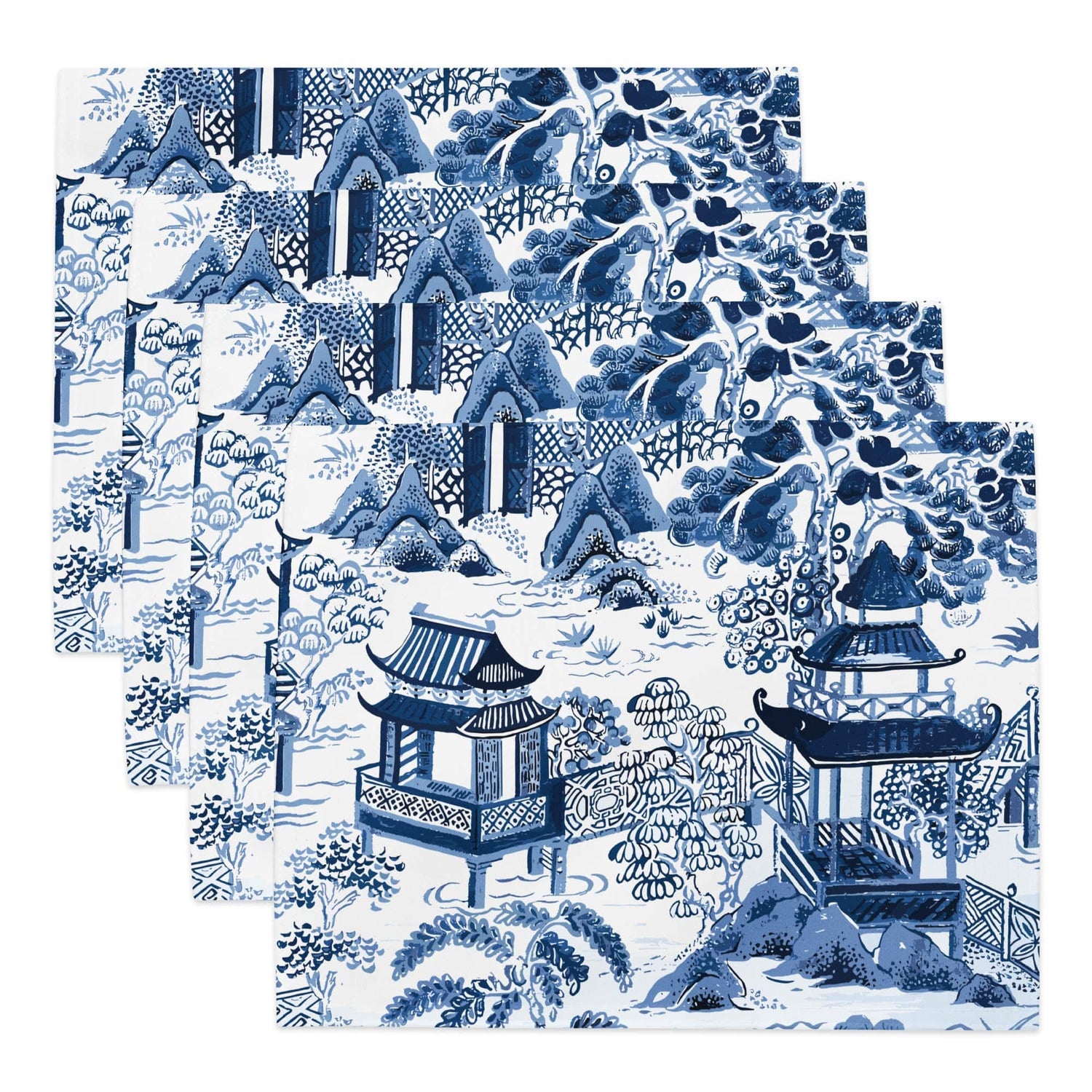 Kate McEnroe New York Chinoiserie Blue and White Placemats Set of 4, Traditional Asian Pagodas and Cherry Blossoms Porcelain Design Table MatsPlacemats8697237_17484