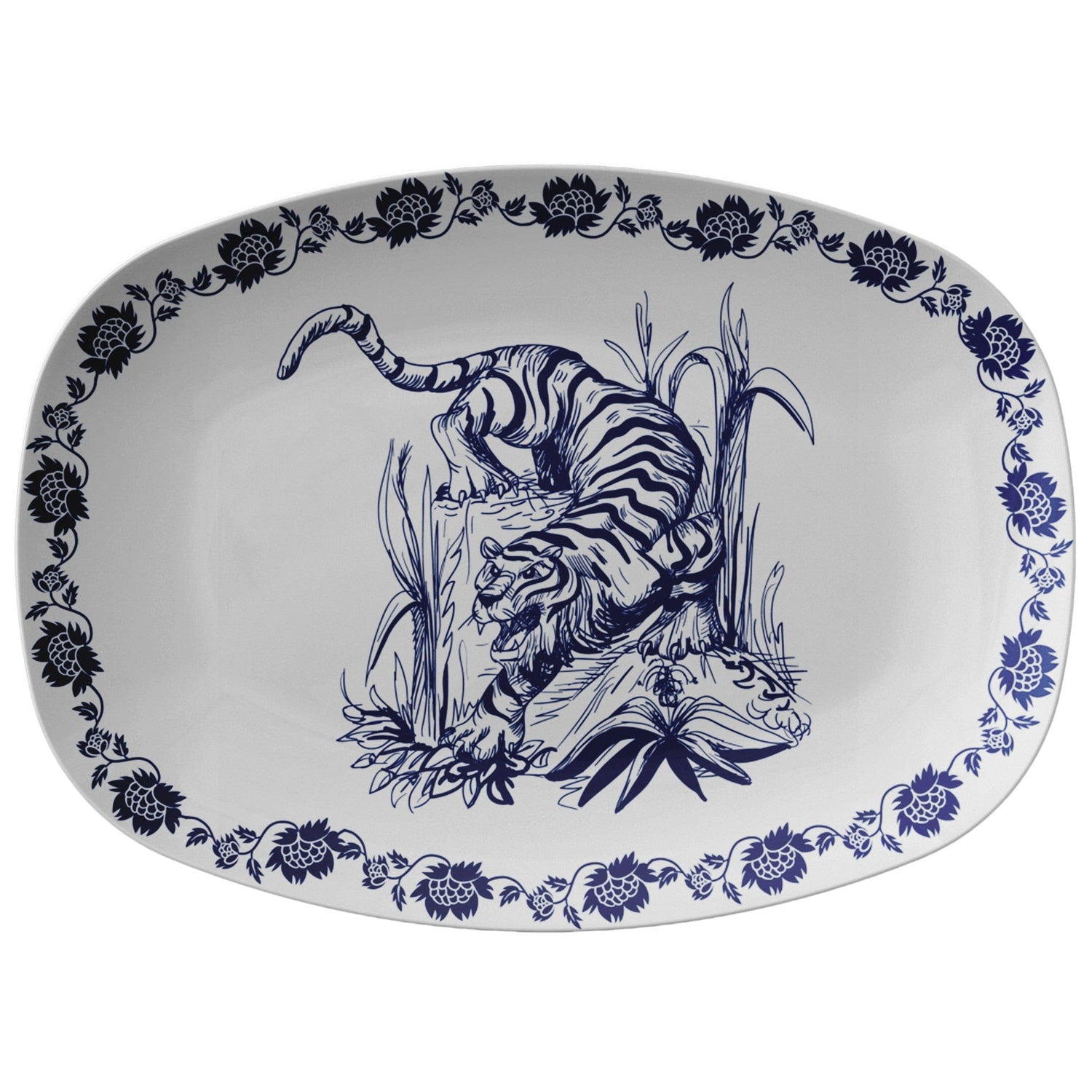 Kate McEnroe New York Chinoiserie Blue and White Tiger Serving PlatterServing PlattersP21 - CHI - TIG - 1