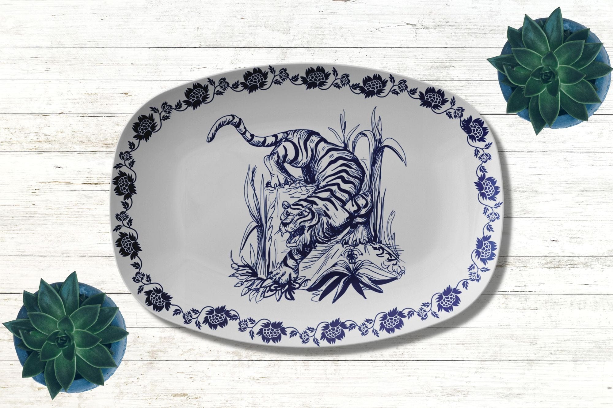 Kate McEnroe New York Chinoiserie Blue and White Tiger Serving PlatterServing PlattersP21 - CHI - TIG - 1