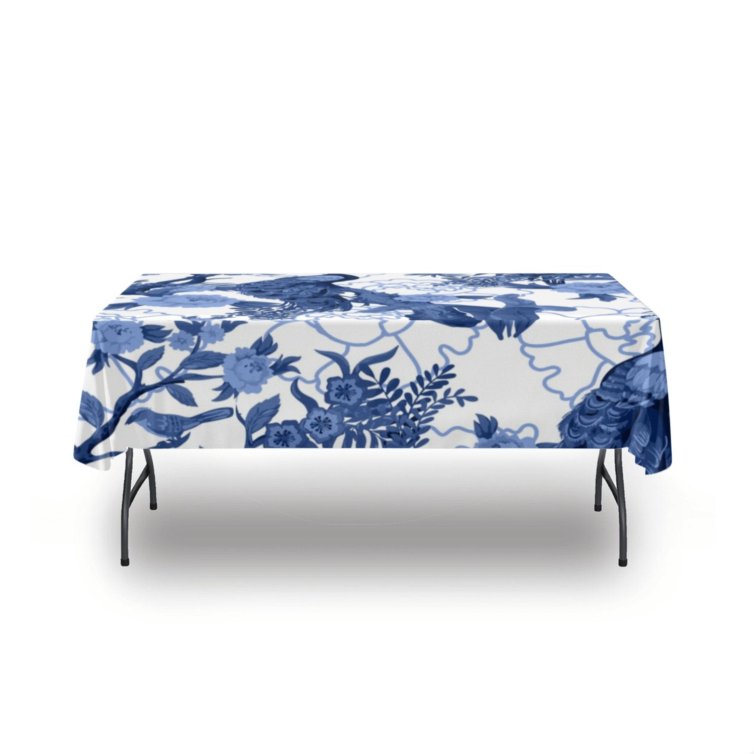 Kate McEnroe New York Chinoiserie Blue Peacock Tablecloth, Elegant Floral Bird Design, Classic Table LinenTablecloths100224