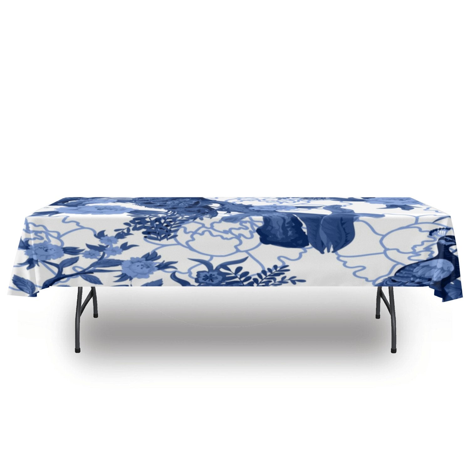 Kate McEnroe New York Chinoiserie Blue Peacock Tablecloth, Elegant Floral Bird Design, Classic Table LinenTablecloths100226