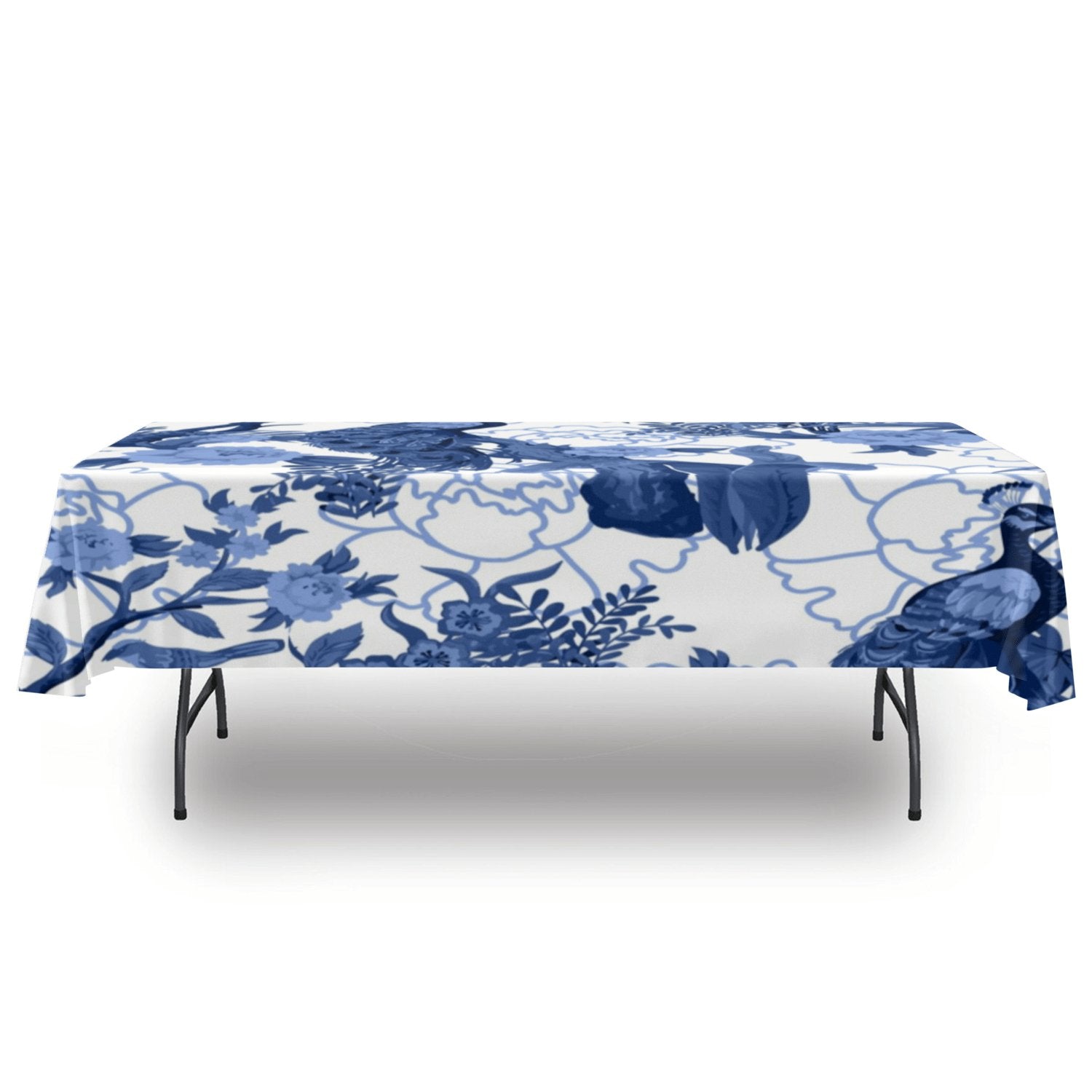 Kate McEnroe New York Chinoiserie Blue Peacock Tablecloth, Elegant Floral Bird Design, Classic Table LinenTablecloths100227