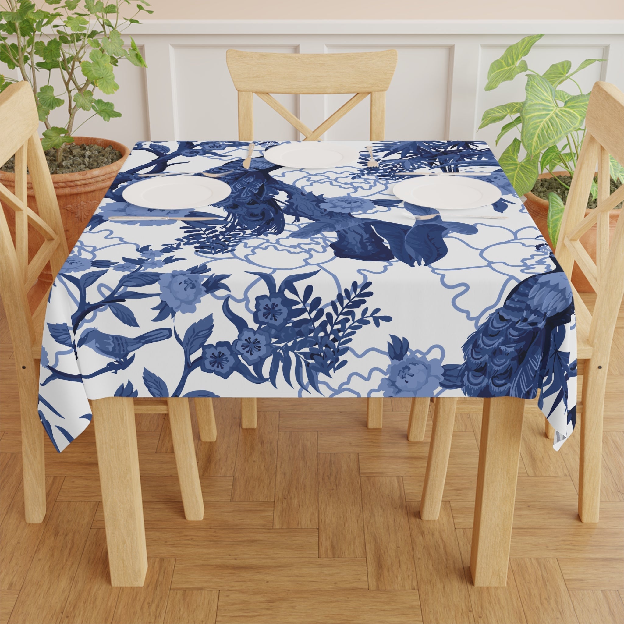 Kate McEnroe New York Chinoiserie Blue Peacock Tablecloth, Elegant Floral Dining Room DecorTablecloths14634653652890694589