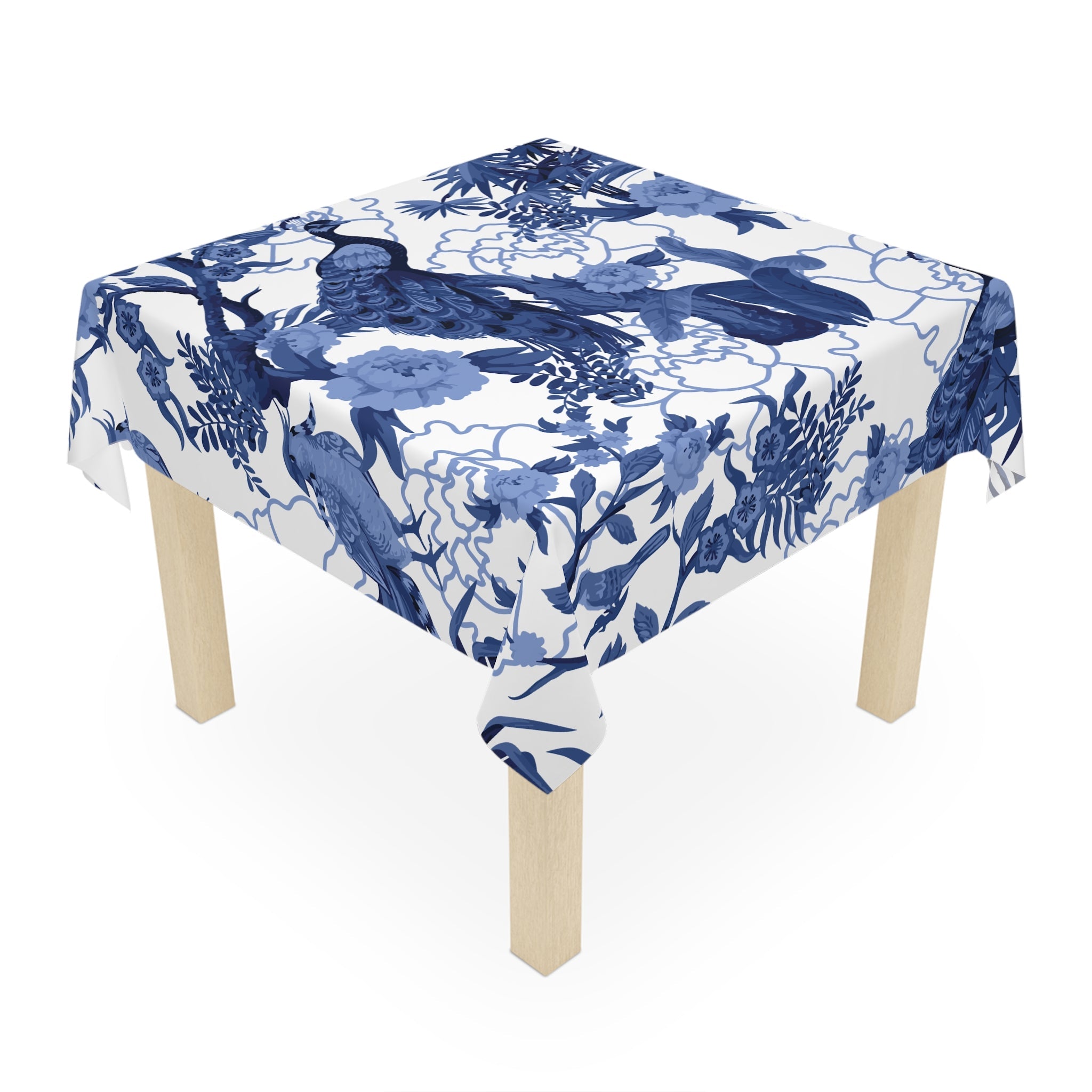 Kate McEnroe New York Chinoiserie Blue Peacock Tablecloth, Elegant Floral Dining Room DecorTablecloths14634653652890694589