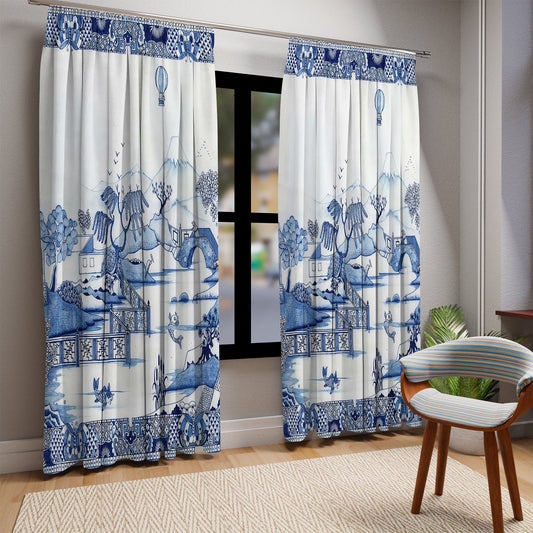 Kate McEnroe New York Chinoiserie Blue Willow #2 Window Curtains, Maximalist Floral Blue, White Window Covering, Country Farmhouse Window Treatment -124181423 Window Curtains