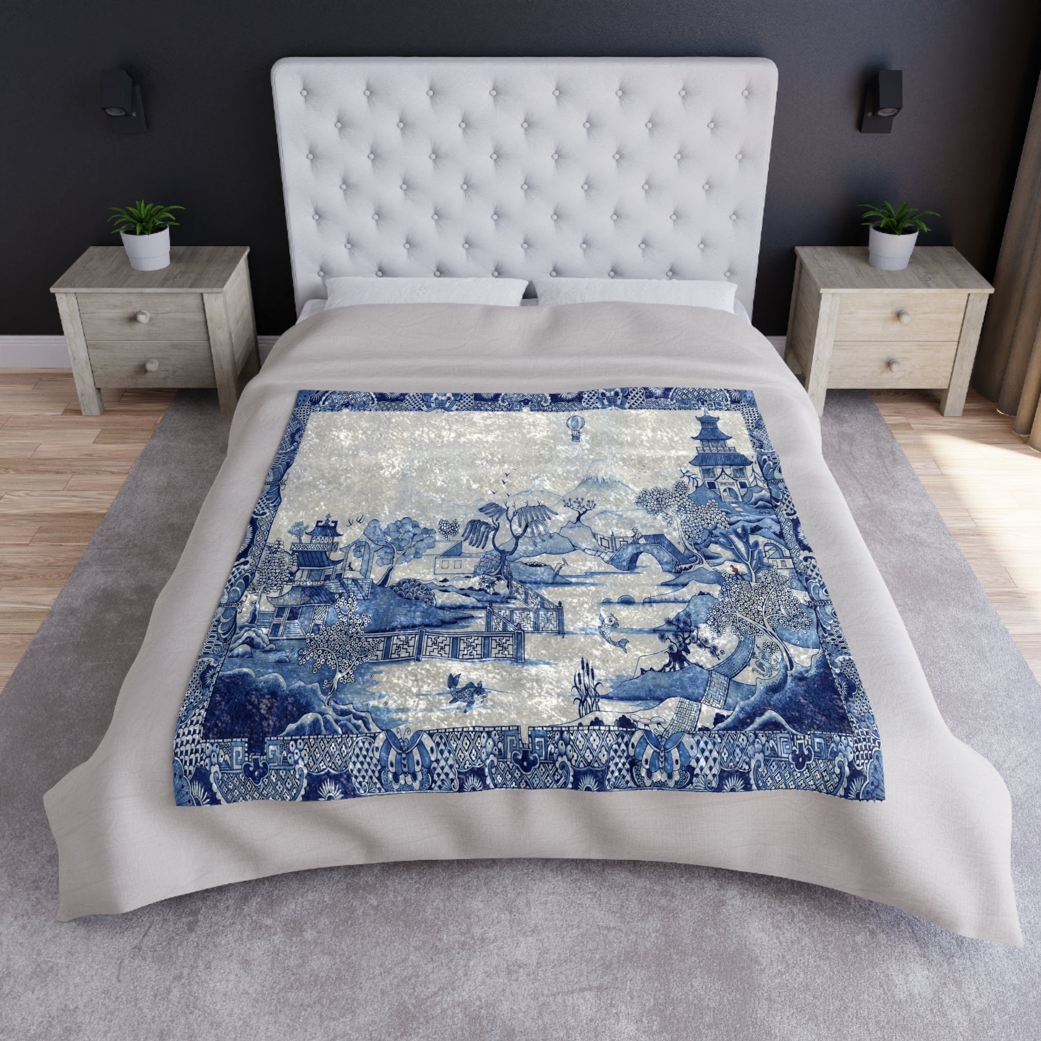 Kate McEnroe New York Chinoiserie Blue Willow Crushed Velvet Throw BlanketBlankets34283466366706336554