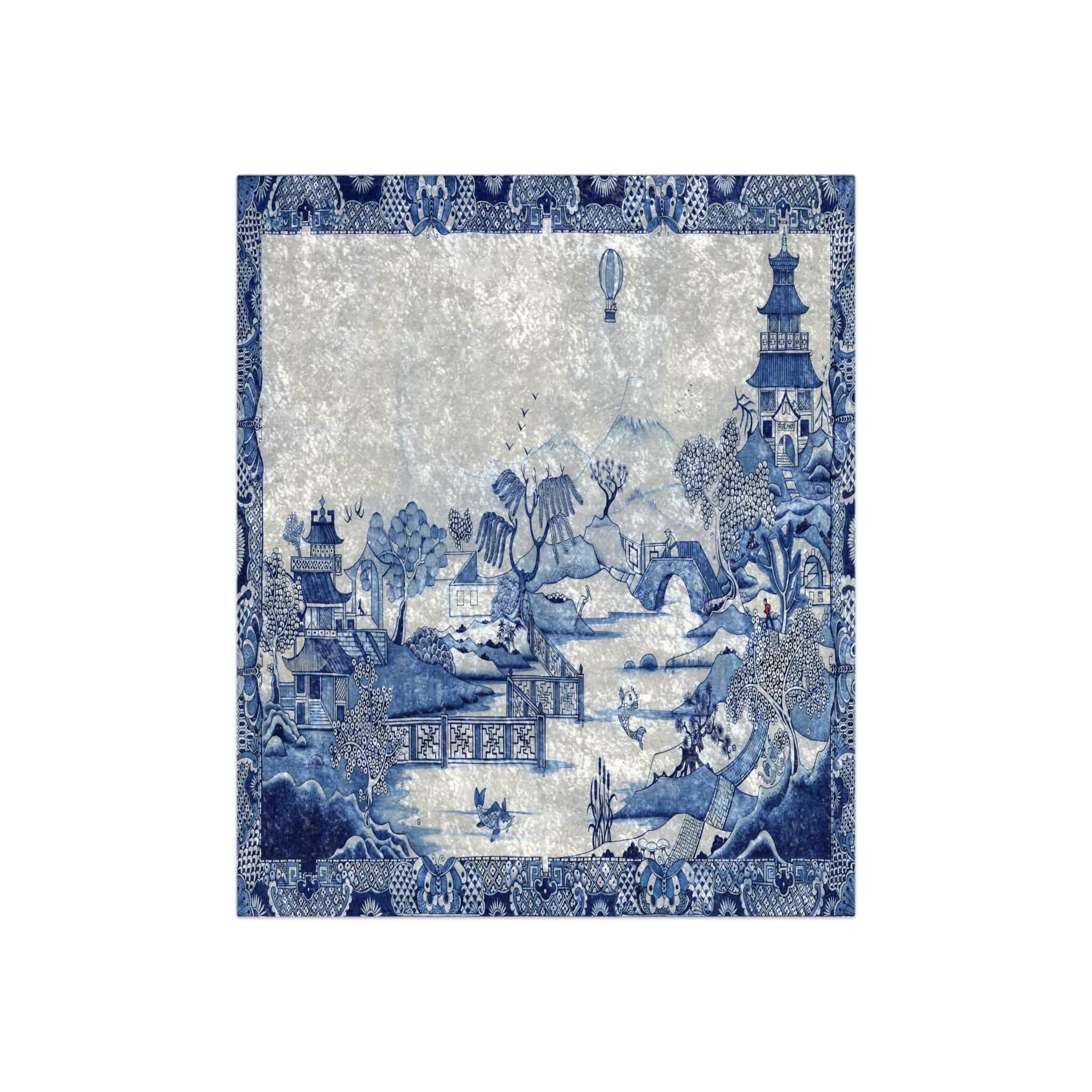 Kate McEnroe New York Chinoiserie Blue Willow Crushed Velvet Throw BlanketBlankets34283466366706336554