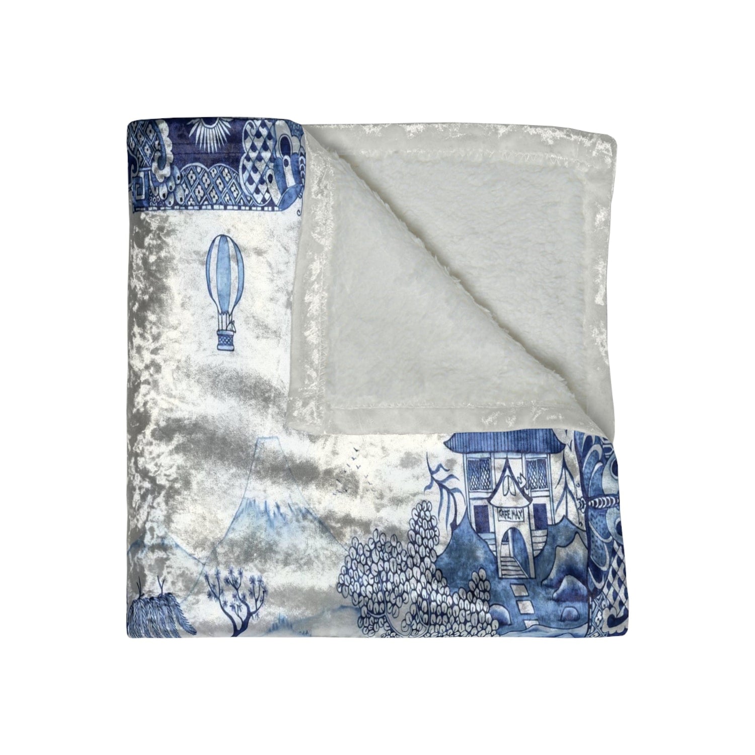 Kate McEnroe New York Chinoiserie Blue Willow Crushed Velvet Throw BlanketBlankets34283466366706336554