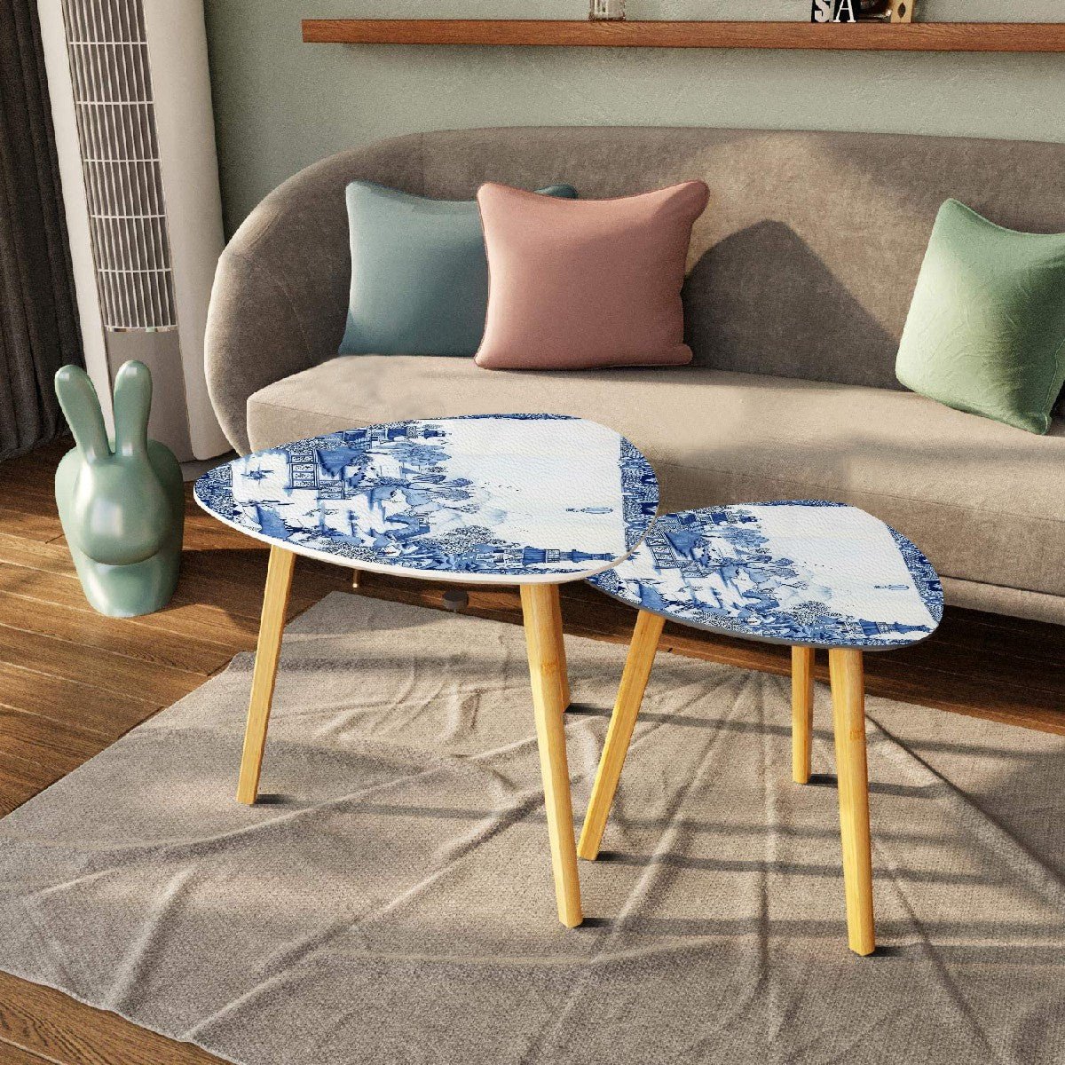 Kate McEnroe New York Chinoiserie Blue Willow Nesting Tables, Vintage Asian Scenic Furniture, Pagoda Willow LandscapeNesting Tablesy1DffMtJRS