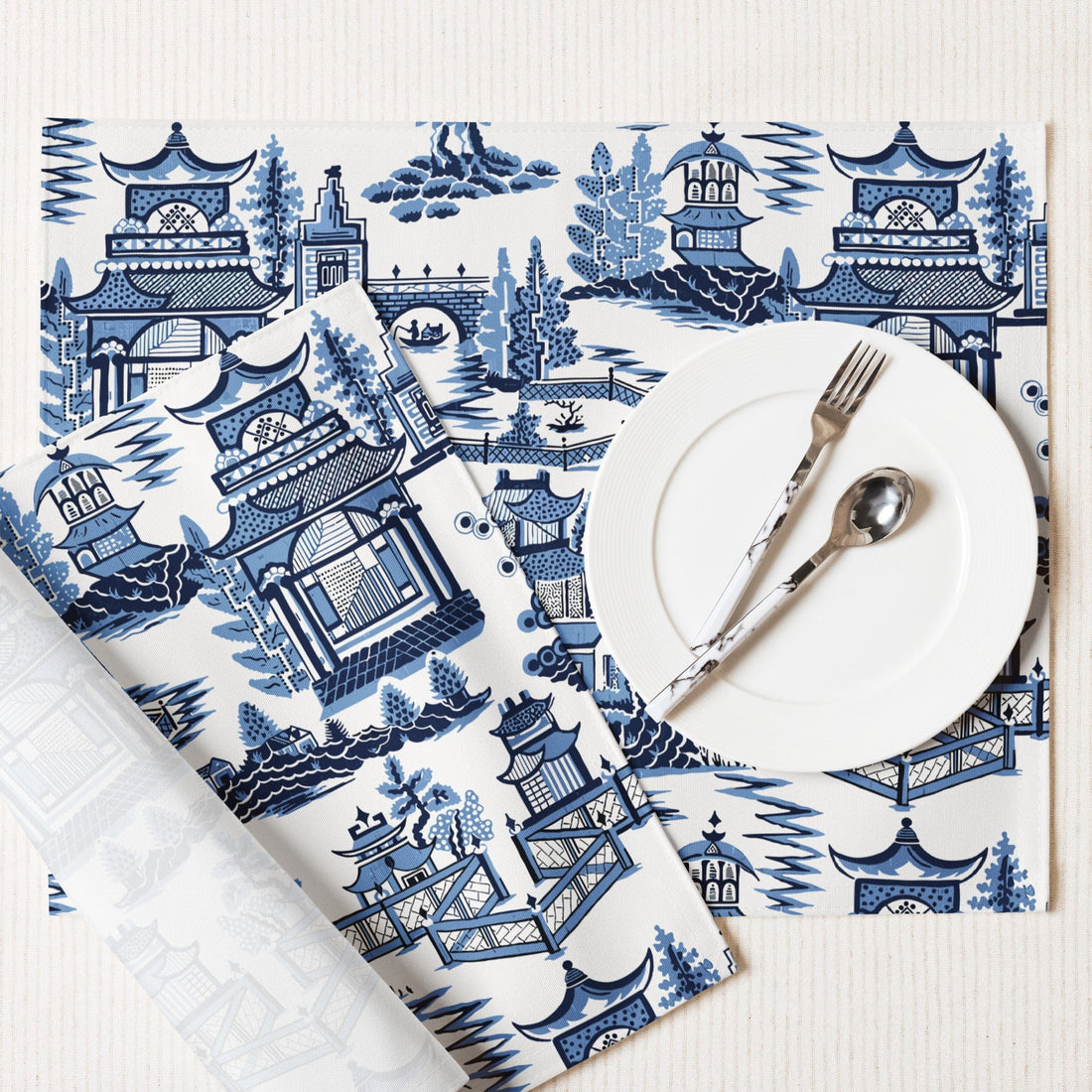 Kate McEnroe New York Chinoiserie Blue Willow Pagoda Placemats, Set of 4, Traditional Blue White Asian Scene Dining Table DecorPlacemats8397368_17484