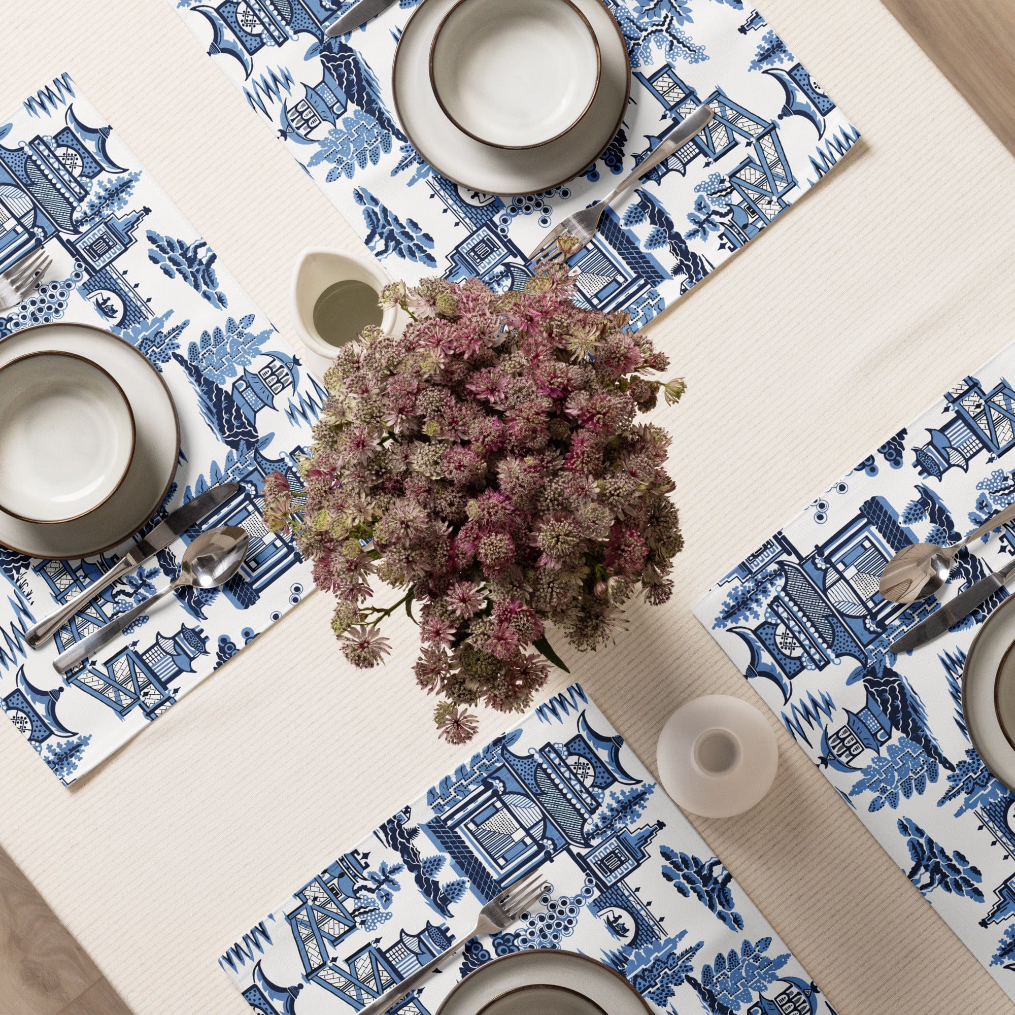 Kate McEnroe New York Chinoiserie Blue Willow Pagoda Placemats, Set of 4, Traditional Blue White Asian Scene Dining Table DecorPlacemats8397368_17484