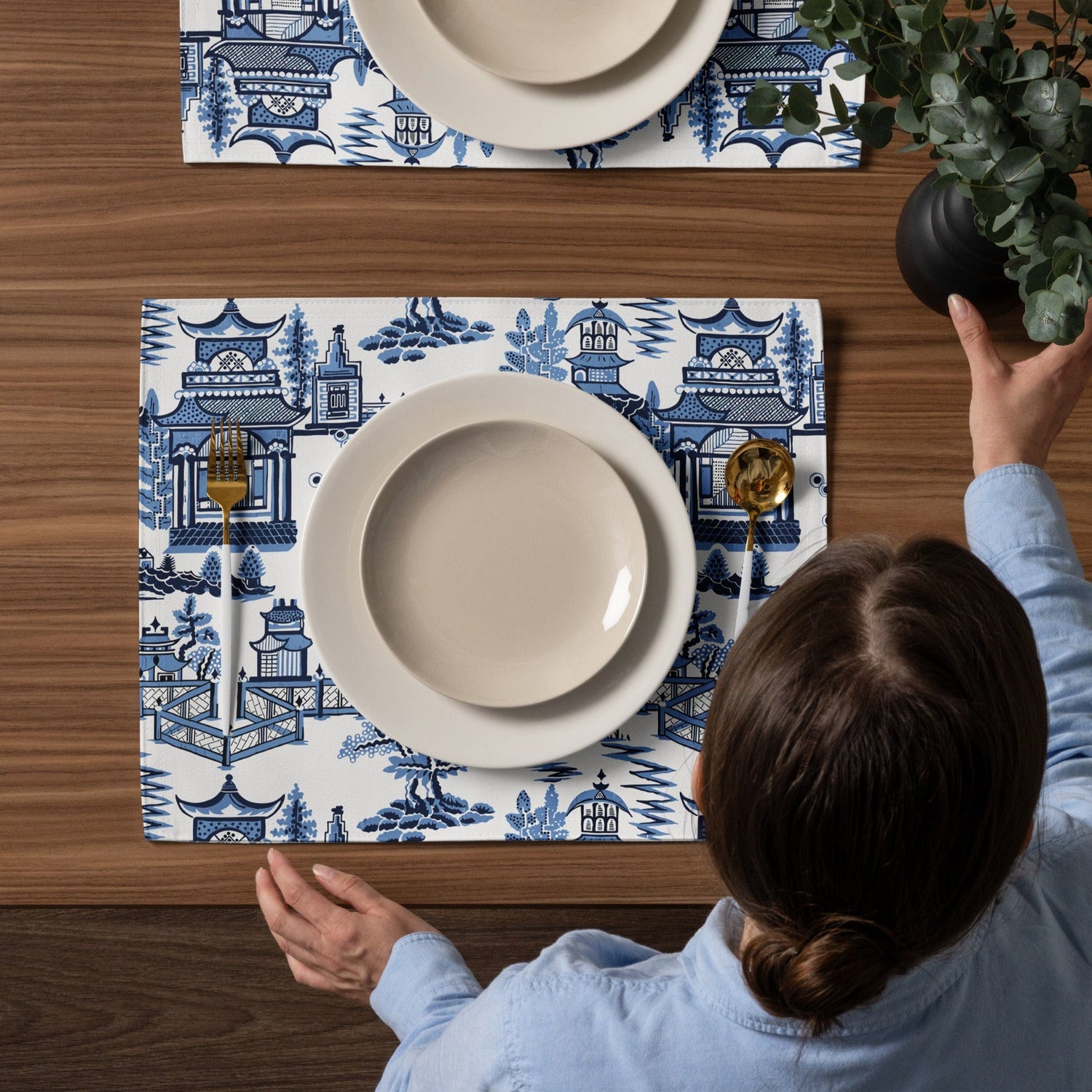 Kate McEnroe New York Chinoiserie Blue Willow Pagoda Placemats, Set of 4, Traditional Blue White Asian Scene Dining Table DecorPlacemats8397368_17484