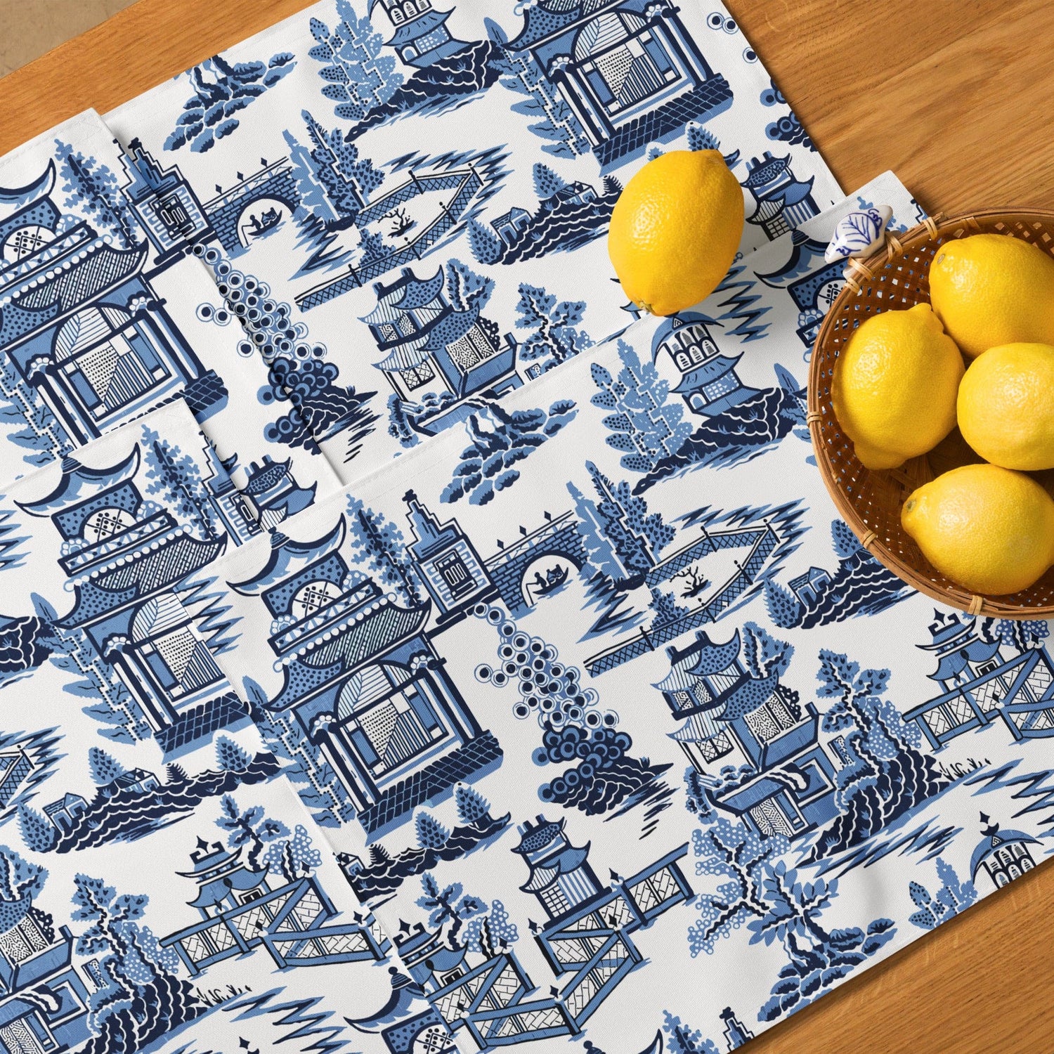 Kate McEnroe New York Chinoiserie Blue Willow Pagoda Placemats, Set of 4, Traditional Blue White Asian Scene Dining Table DecorPlacemats8397368_17484