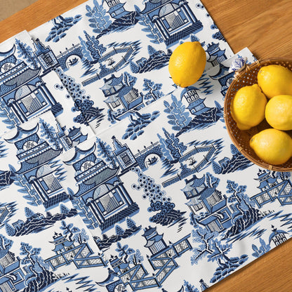 Kate McEnroe New York Chinoiserie Blue Willow Pagoda Placemats, Set of 4, Traditional Blue White Asian Scene Dining Table DecorPlacemats8397368_17484