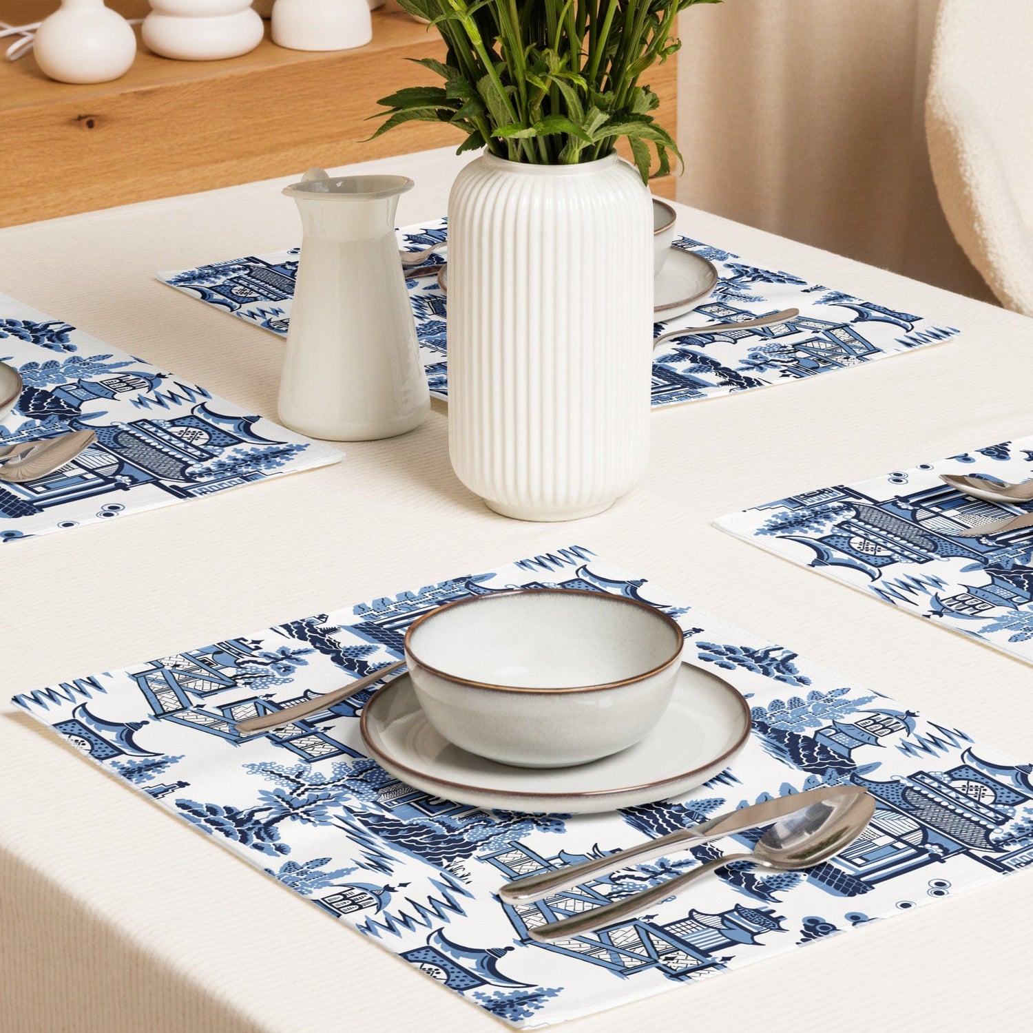 Kate McEnroe New York Chinoiserie Blue Willow Pagoda Placemats, Set of 4, Traditional Blue White Asian Scene Dining Table DecorPlacemats8397368_17484