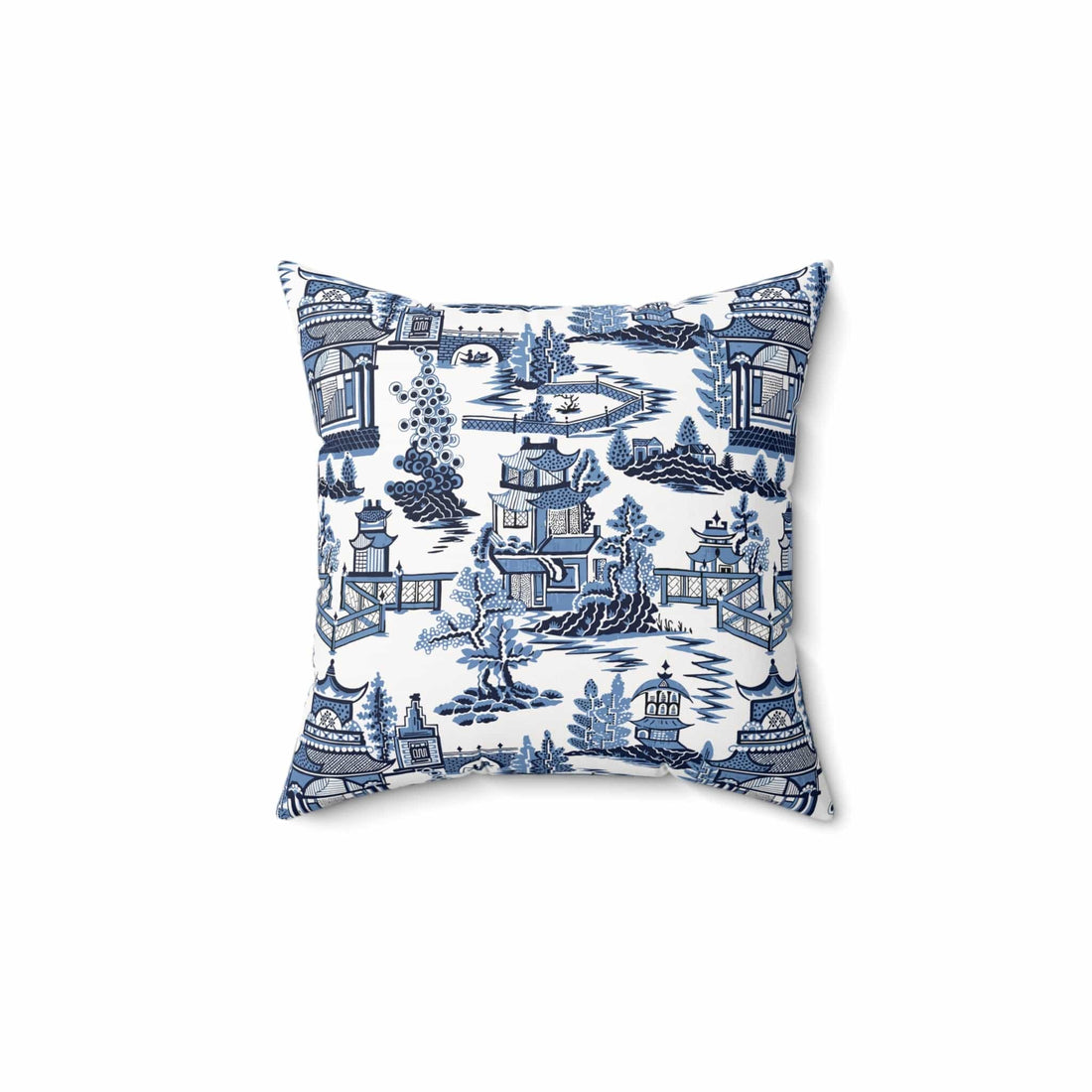 Kate McEnroe New York Chinoiserie Blue Willow Pagoda Throw Pillow, Traditional Blue White Asian Scene Cushions Throw Pillows 14&quot; × 14&quot; 23540980523084617174