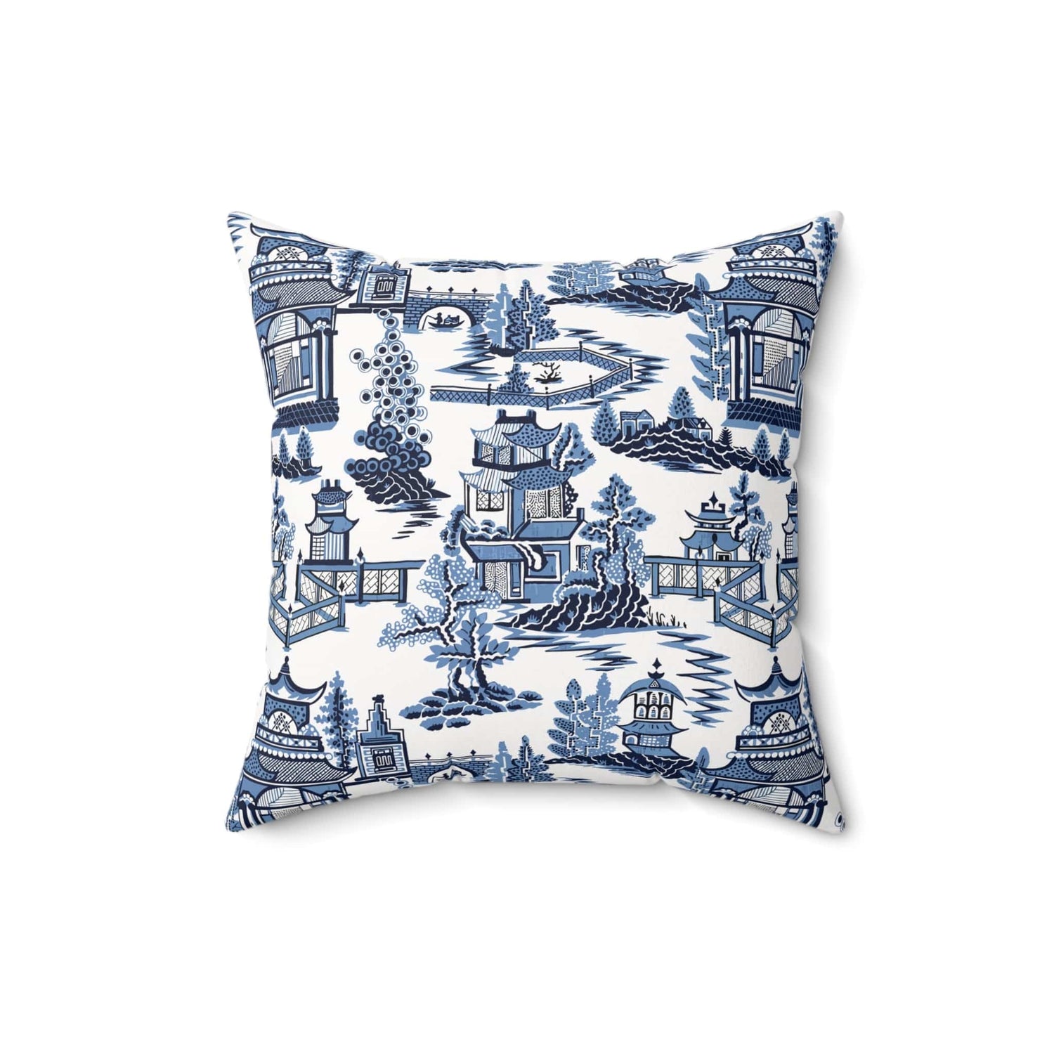 Kate McEnroe New York Chinoiserie Blue Willow Pagoda Throw Pillow, Traditional Blue White Asian Scene Cushions Throw Pillows 16&quot; × 16&quot; 41792297557949770332